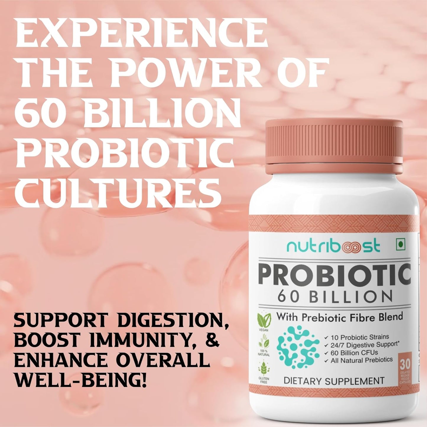 Organic Probiotic Fiber Blend Capsules - 60 Billion CFU for Easier Digestion and Fuller Nutrition - 10 Probiotic Strains - Natural Supplement for Men and Women