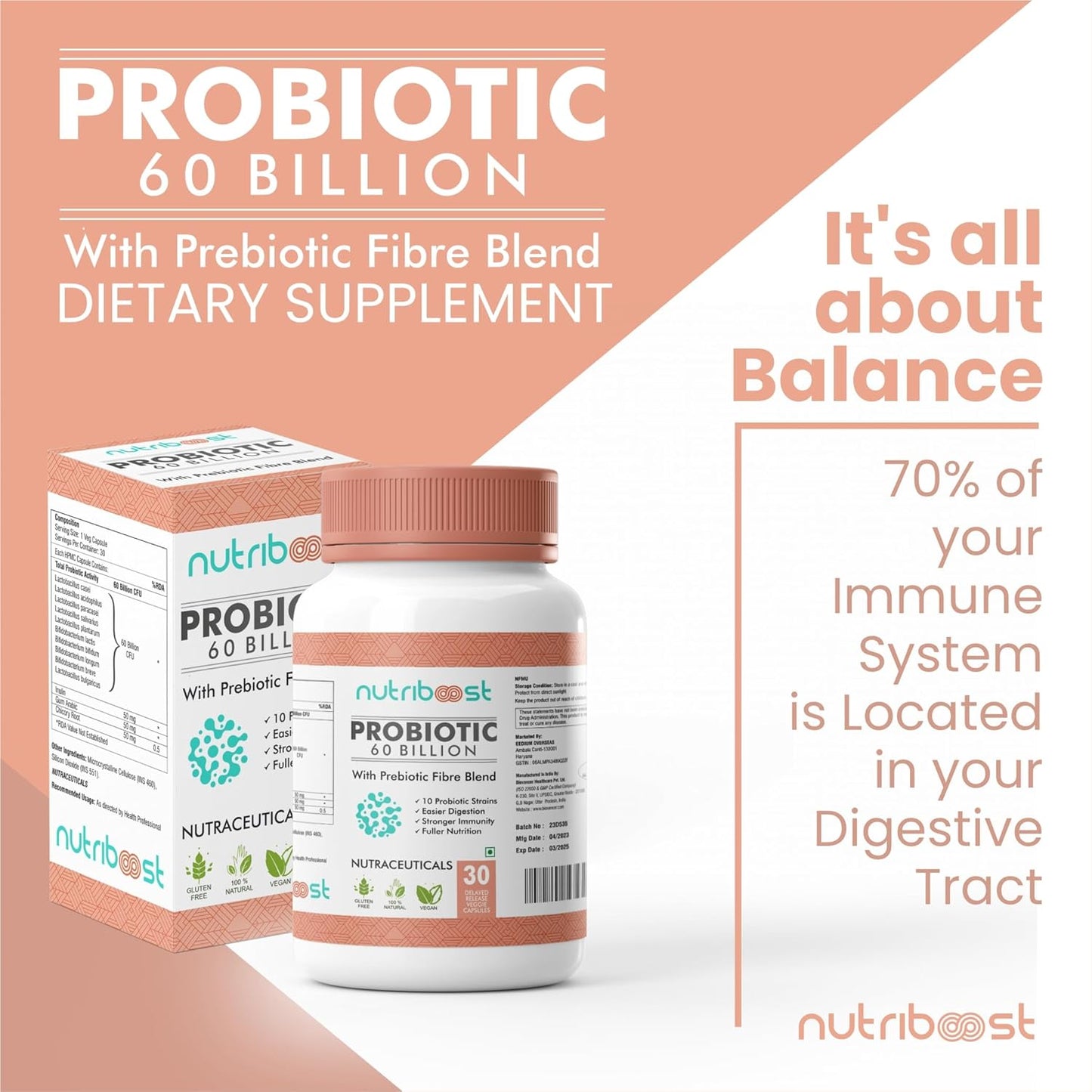 Organic Probiotic Fiber Blend Capsules - 60 Billion CFU for Easier Digestion and Fuller Nutrition - 10 Probiotic Strains - Natural Supplement for Men and Women