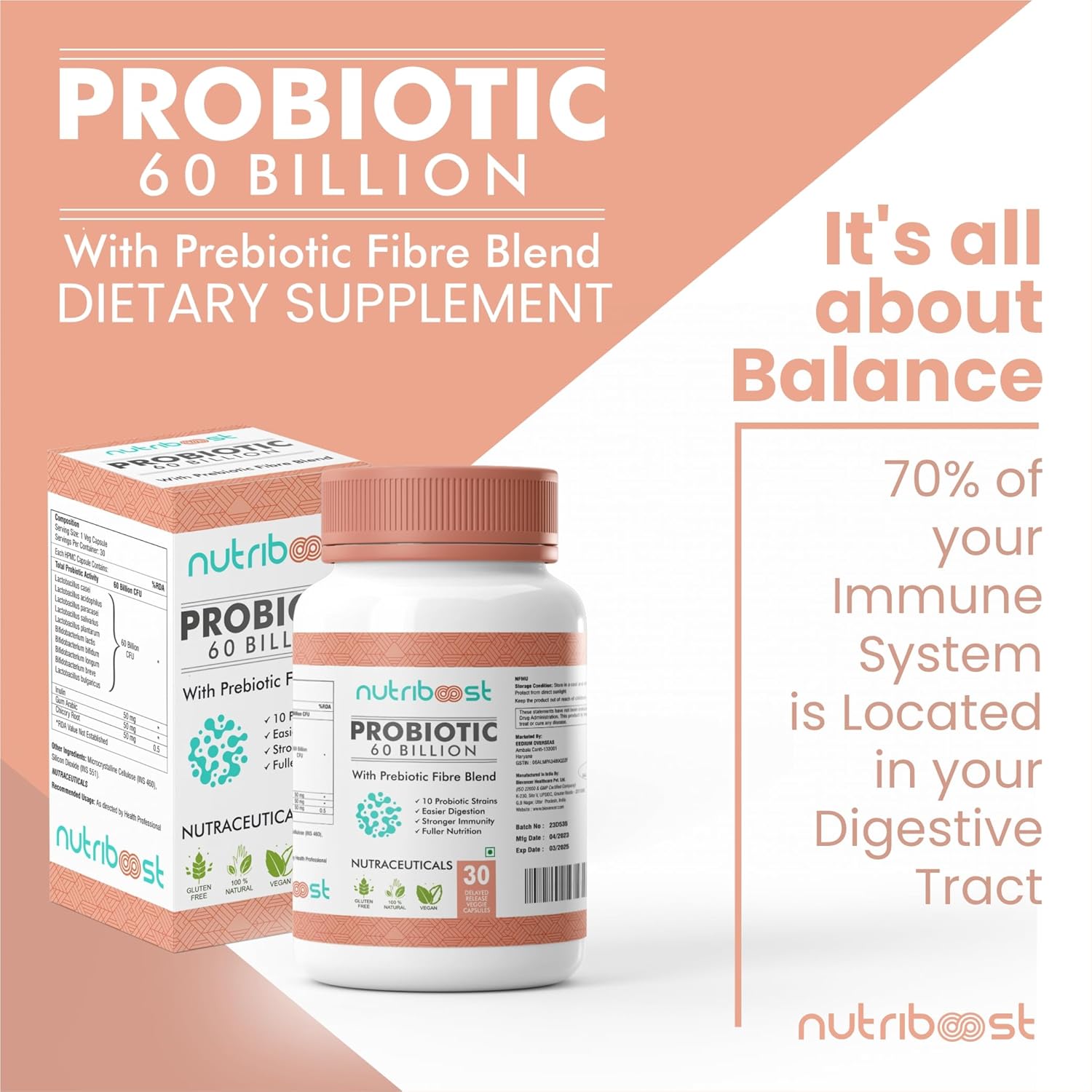 Organic Probiotic Fiber Blend Capsules - 60 Billion CFU for Easier Digestion and Fuller Nutrition - 10 Probiotic Strains - Natural Supplement for Men and Women