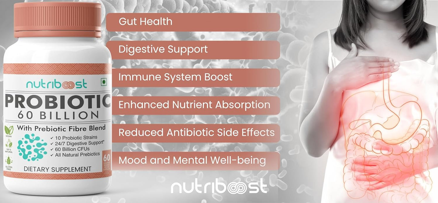 Organic Probiotic Fiber Blend Capsules - 60 Billion CFU for Easier Digestion and Fuller Nutrition - 10 Probiotic Strains - Natural Supplement for Men and Women