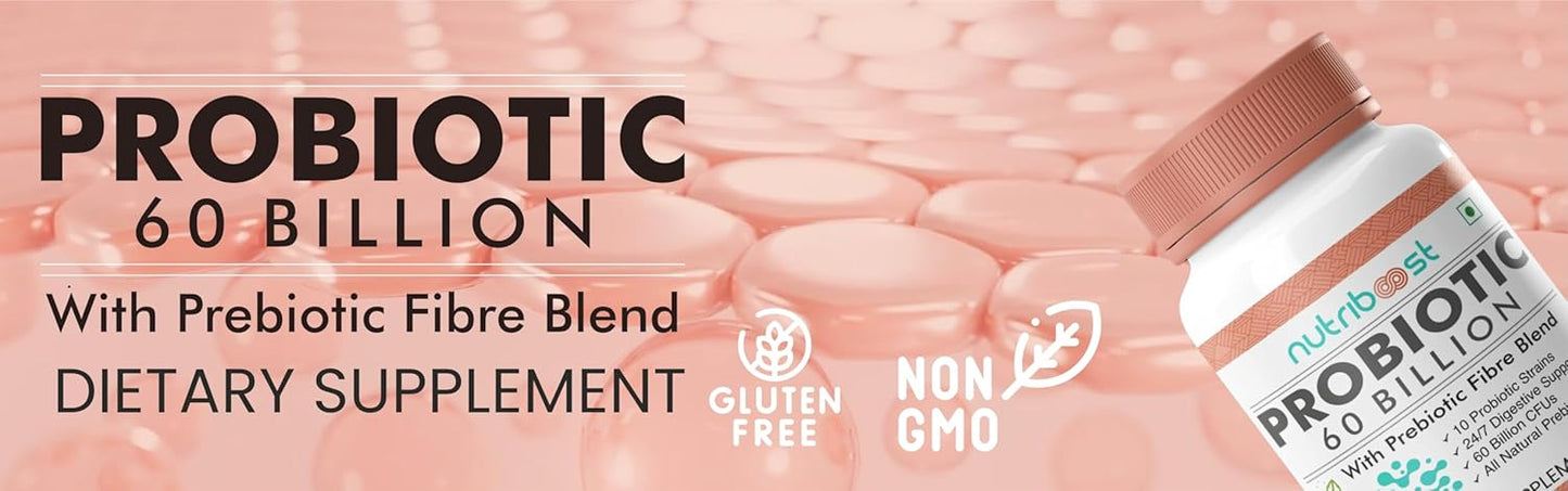 Organic Probiotic Fiber Blend Capsules - 60 Billion CFU for Easier Digestion and Fuller Nutrition - 10 Probiotic Strains - Natural Supplement for Men and Women