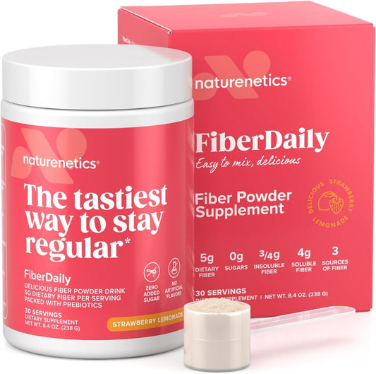 Organic Psyllium Husk Fiber Powder with Agave Inulin & Sunfiber®, Strawberry Lemonade Flavor, Sugar-Free - Prebiotic Vegan Supplement