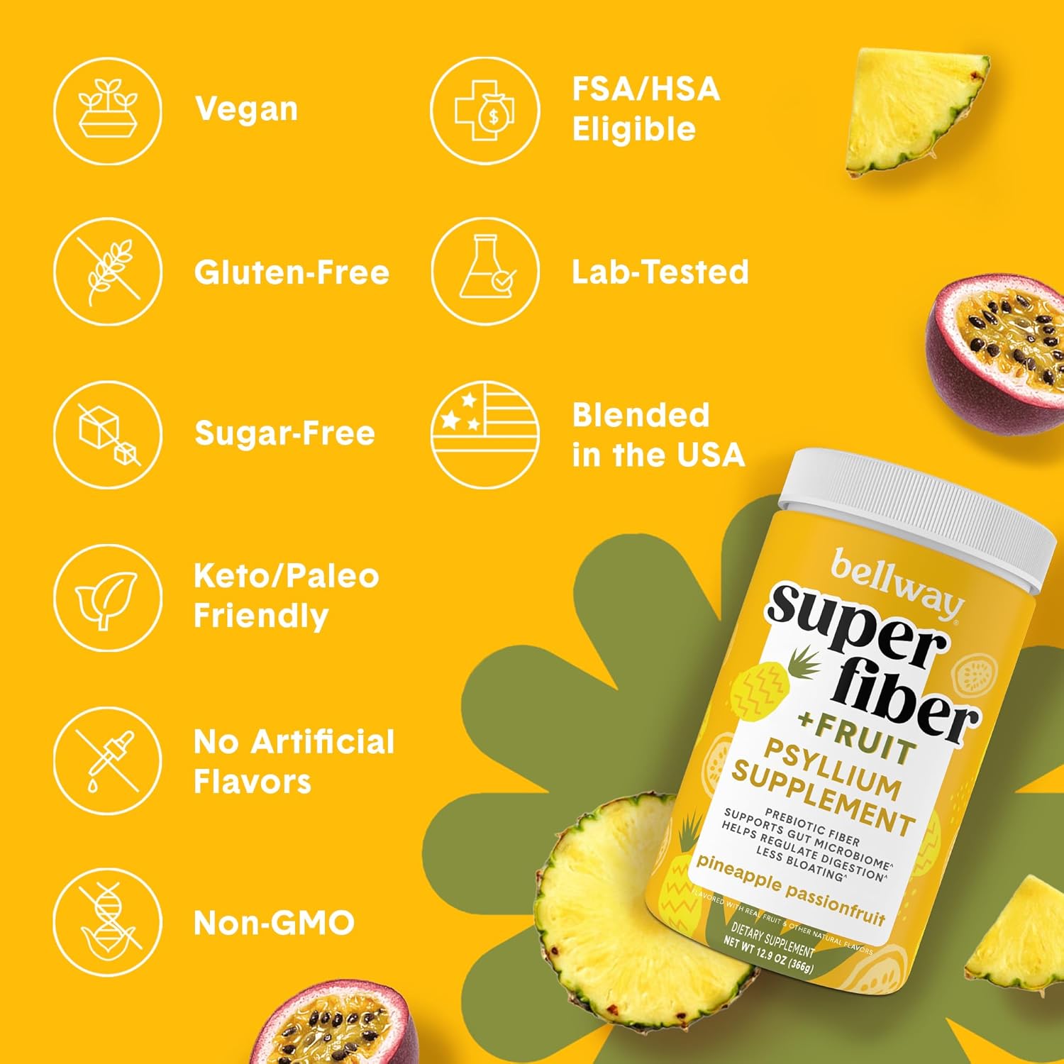Organic Psyllium Husk Fiber Powder with Fruit Blend (5 Pack) - Plant-Based Supplement for Digestive Health, Regularity & Bloating Relief - Pineapple Passion Fruit Flavor - 250 Servings