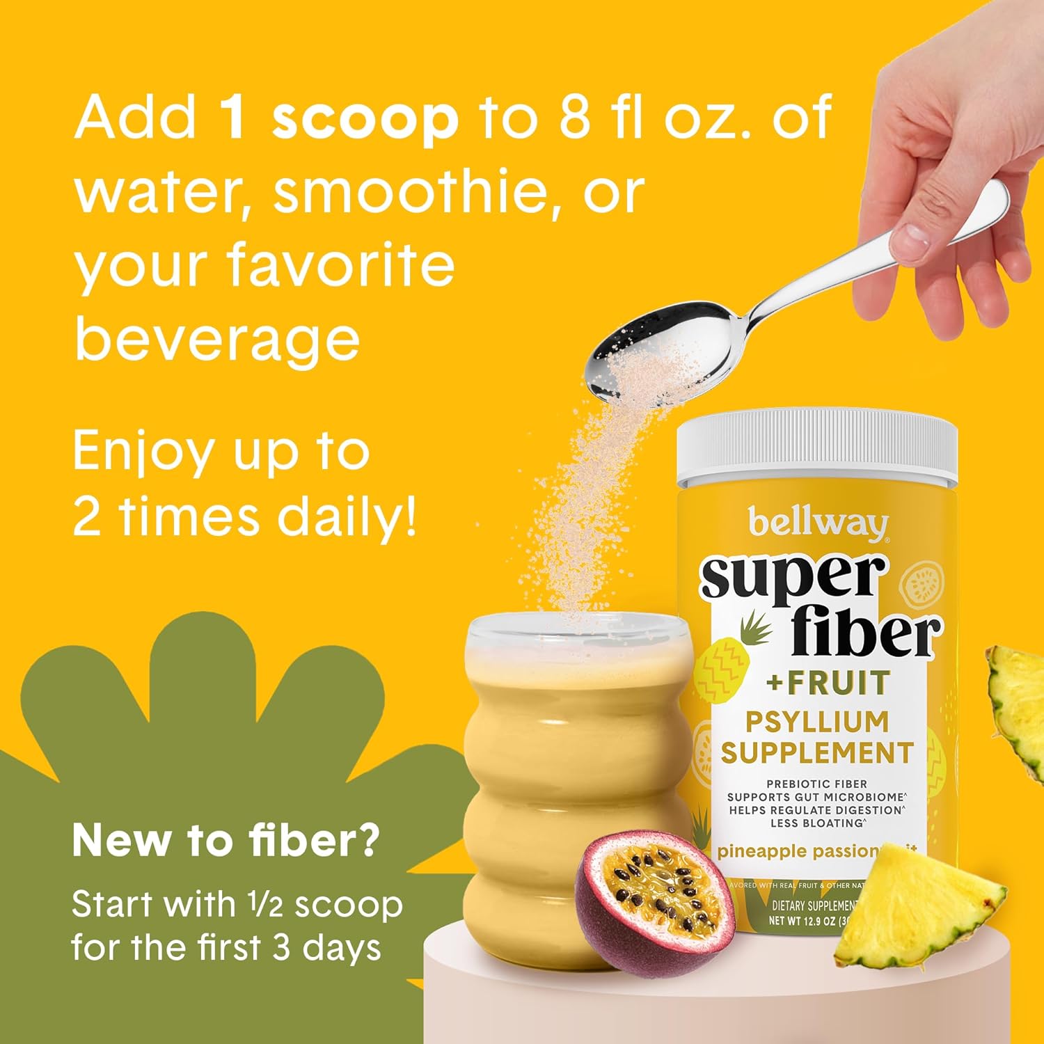 Organic Psyllium Husk Fiber Powder with Fruit Blend (5 Pack) - Plant-Based Supplement for Digestive Health, Regularity & Bloating Relief - Pineapple Passion Fruit Flavor - 250 Servings
