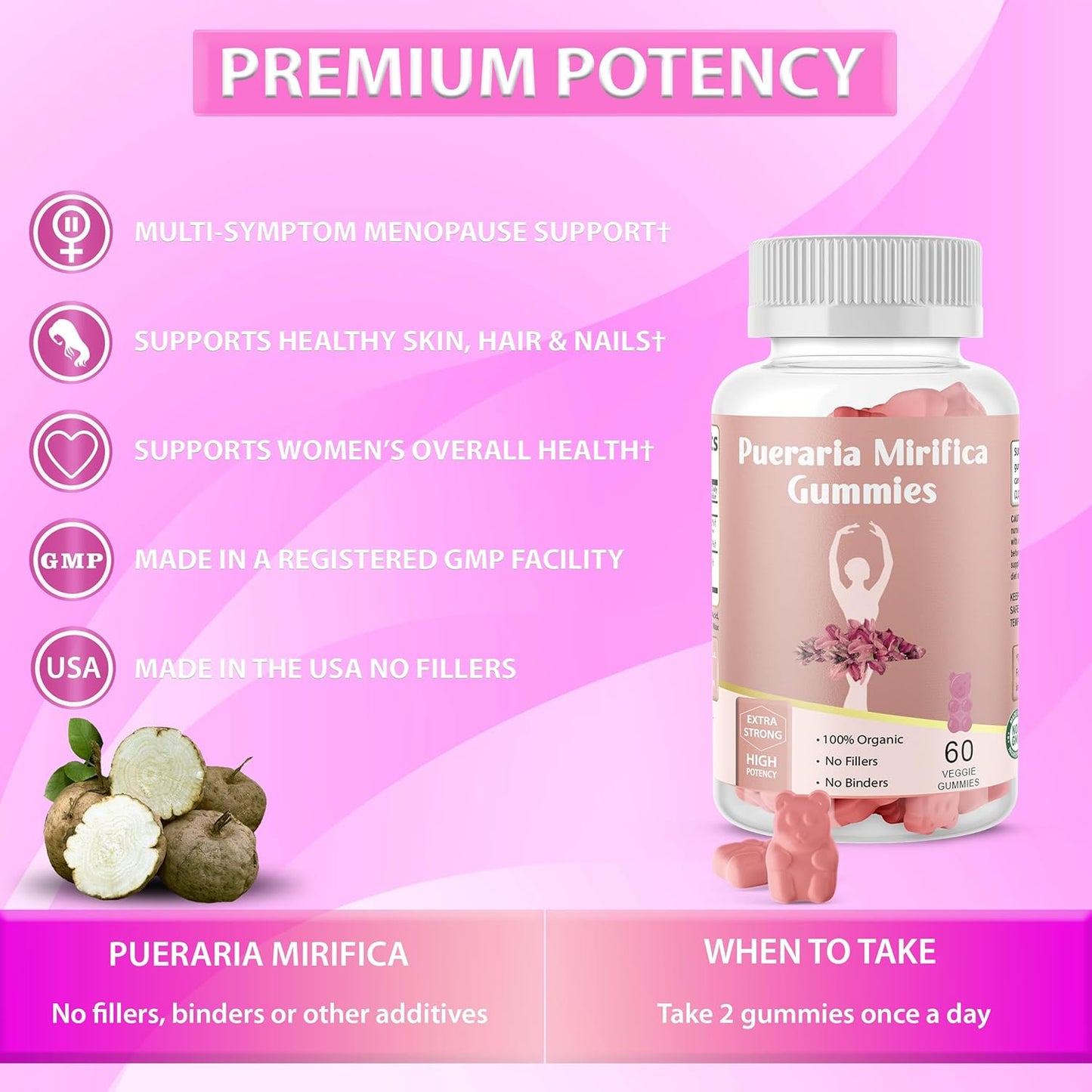 Organic Pueraria Mirifica Gummy Supplement - 60 Veggie Gummies, 10:1 Concentrated Extract for Transgender Health