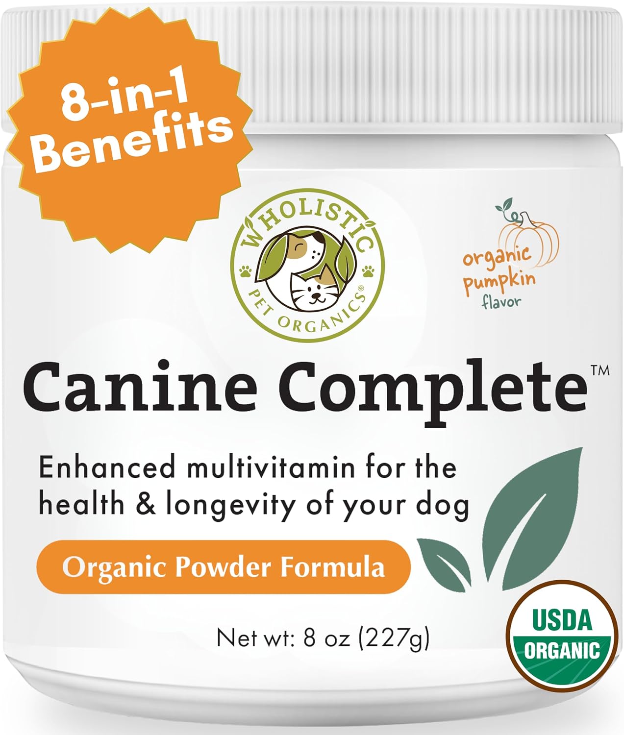 Organic Pumpkin Dog Vitamins & Supplements - Wholistic Canine Complete - 8 Oz - Probiotics & Fiber - Digestion, Skin & Coat Health