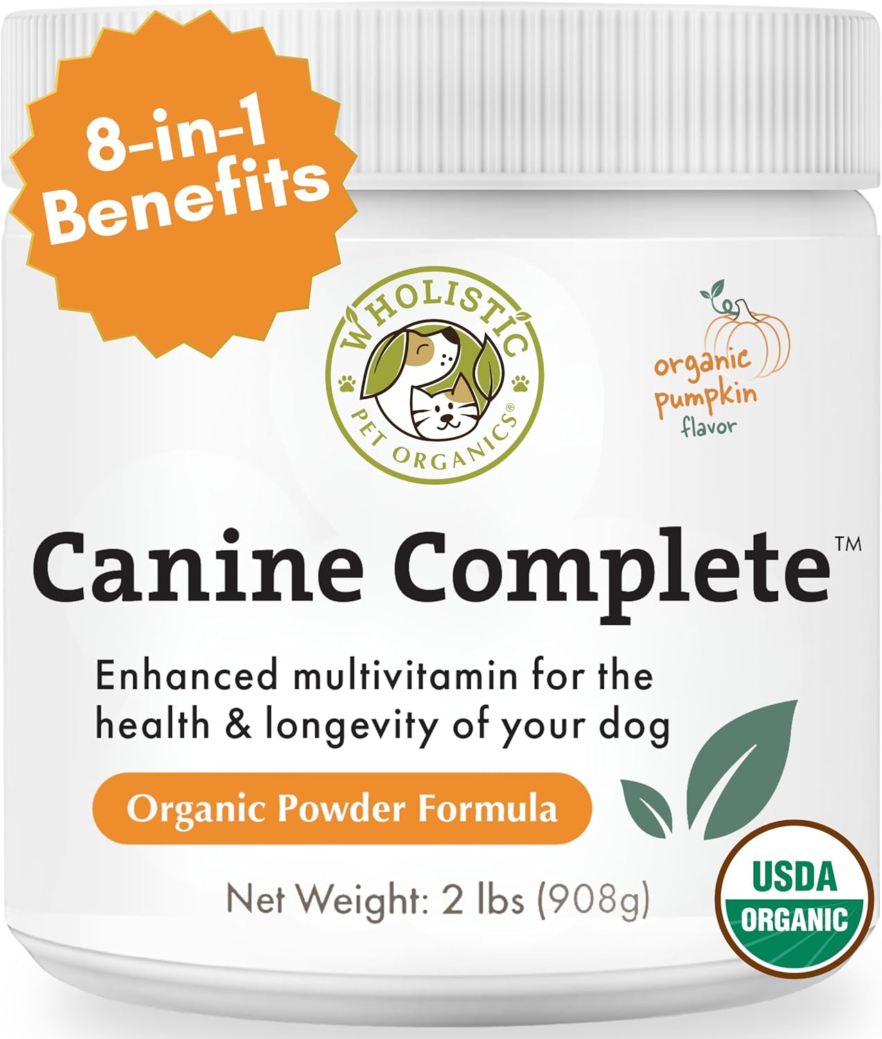 Organic Pumpkin Dog Vitamins & Supplements - Wholistic Canine Complete - 2 Lb - Promotes Digestion, Skin & Coat Health - Multivitamin with Probiotics & Fiber for Dogs