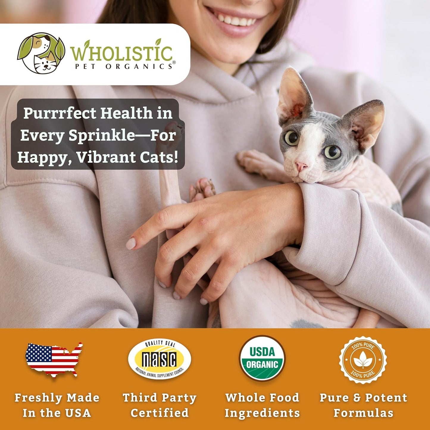 Organic Pumpkin Multivitamin & Probiotic Powder for Cats - 4 Oz - Digestive Support & Natural Cat Food - Wholistic Pet Organics