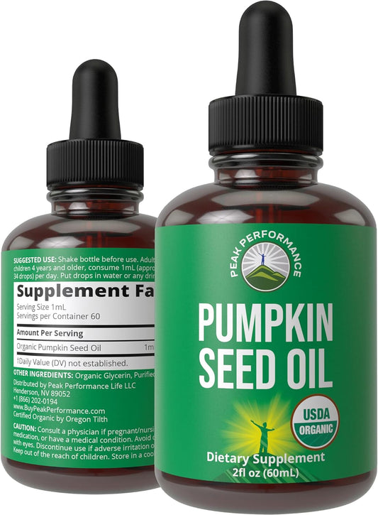 Organic Pumpkin Seed Oil Drops for Hair, Skin, UT, Prostate Support - Vegan Liquid Extract for Peak Performance - Sugar and Gluten Free - Oral Supplement for Men and Women
