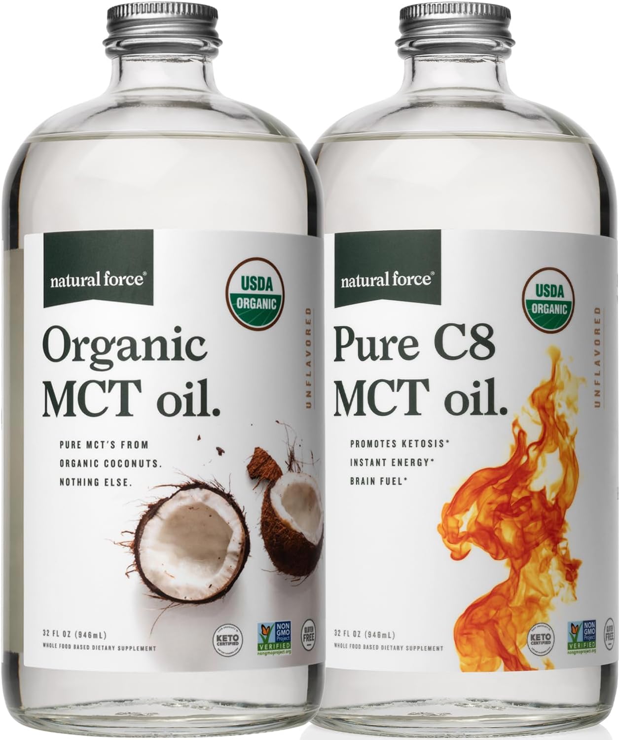 Organic Pure C8 and MCT Oil Bundle - 100% Pure Coconut MCTs, USDA Organic, Non GMO - Keto, Paleo, Vegan, Kosher - 64 Ounces