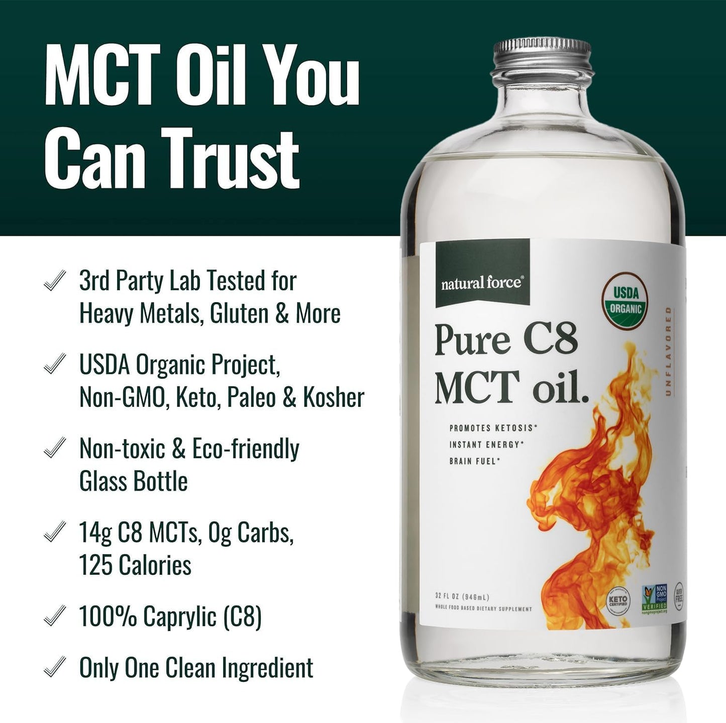 Organic Pure C8 & Full Spectrum MCT Oil - USDA Certified, Non-GMO, 100% Pure Coconut MCTs - Keto, Paleo, Vegan, Kosher - 32 Oz & 16 Oz Glass Bottles