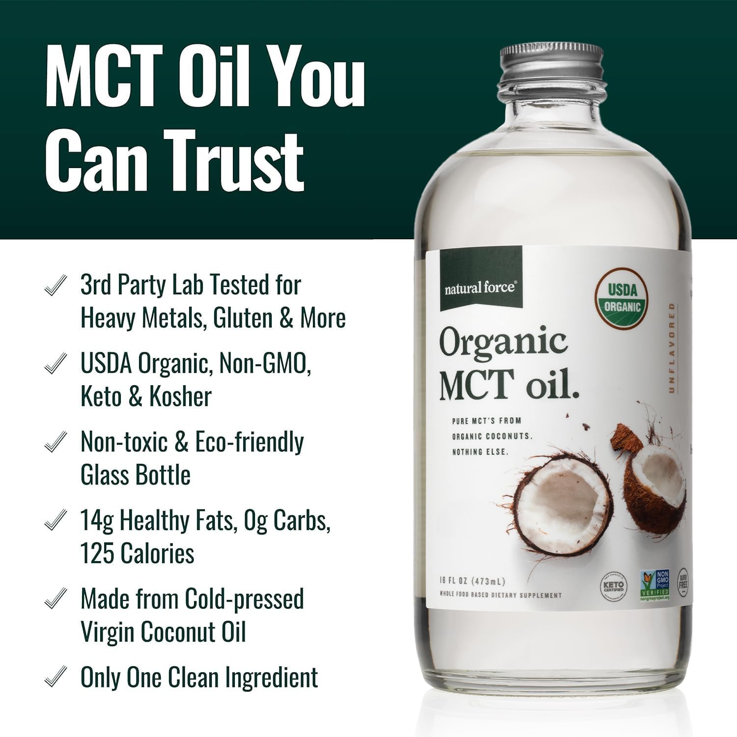 Organic Pure C8 & Full Spectrum MCT Oil - USDA Certified, Non-GMO, 100% Pure Coconut MCTs - Keto, Paleo, Vegan, Kosher - 32 Oz & 16 Oz Glass Bottles