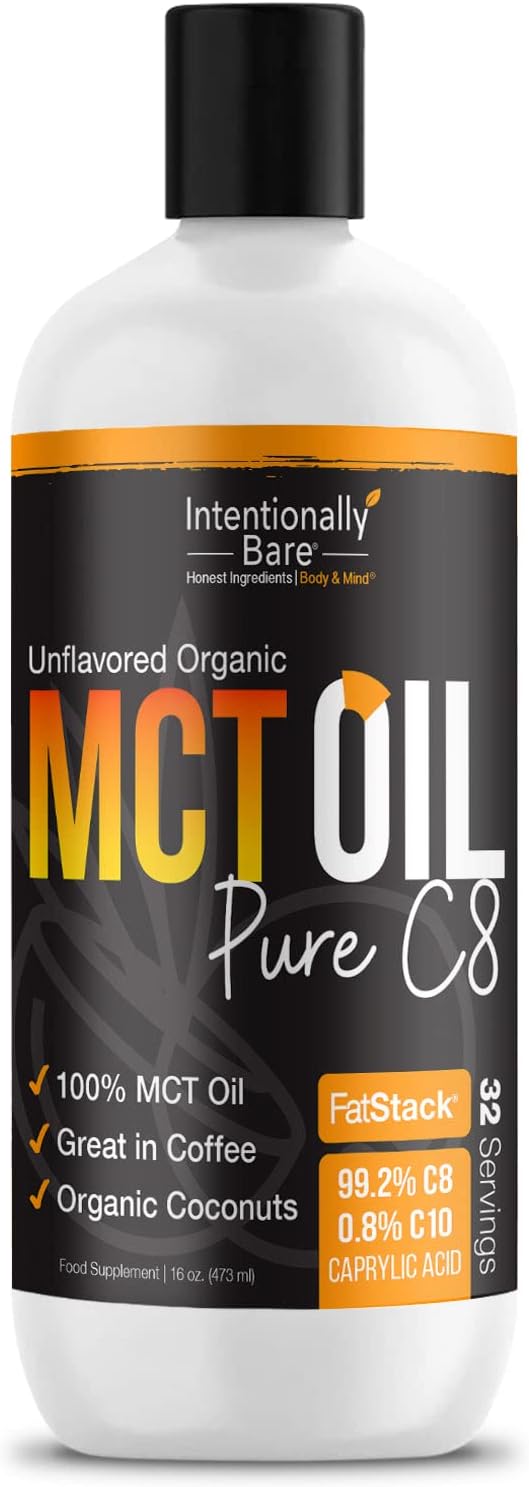 Organic Pure C8 MCT Oil for Keto & Paleo Diet - Unflavored Brain Octane MCT Oil - Ideal for Bulletproof Coffee, Shakes & Salads - 100% Pure 16oz Bottle