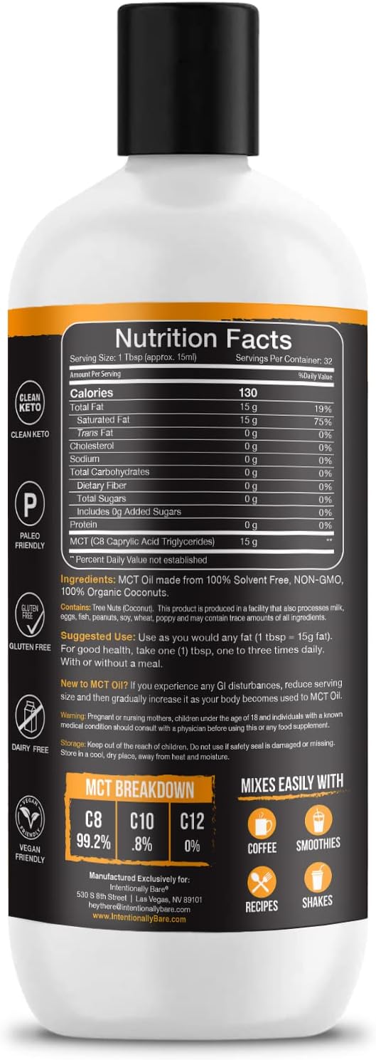 Organic Pure C8 MCT Oil for Keto & Paleo Diet - Unflavored Brain Octane MCT Oil - Ideal for Bulletproof Coffee, Shakes & Salads - 100% Pure 16oz Bottle