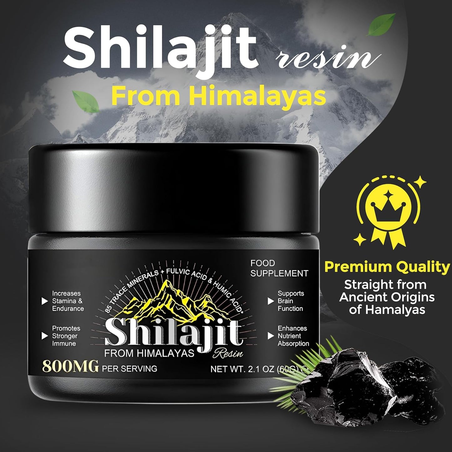 Organic Pure Himalayan Shilajit Resin - 800mg Potency, 60g (1 Pack) || Natural Shilajit for Women & Men || Includes 85+ Trace Minerals, Fulvic Acid & Humic Acid