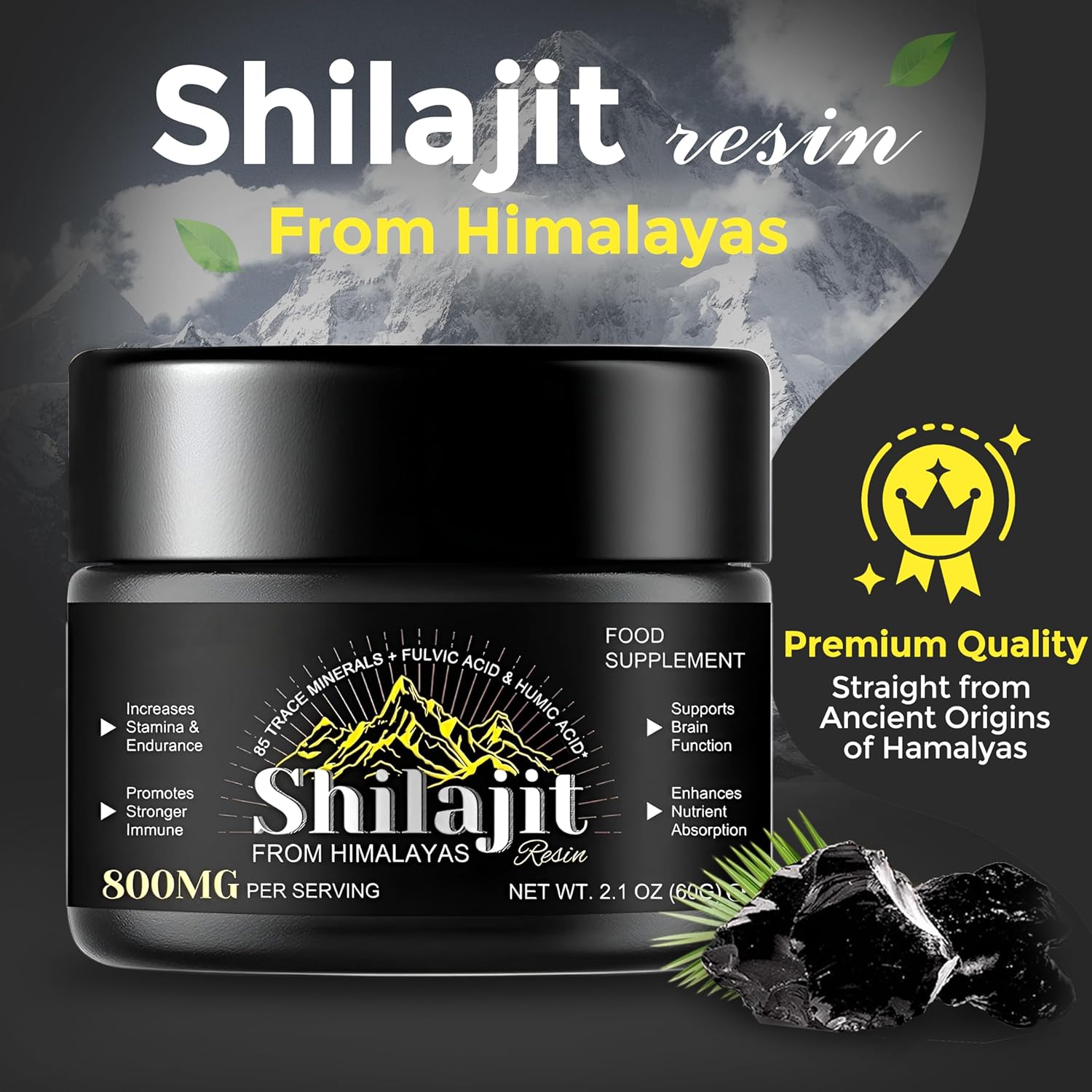 Organic Pure Himalayan Shilajit Resin - 800mg Potency, 60g (1 Pack) || Natural Shilajit for Women & Men || Includes 85+ Trace Minerals, Fulvic Acid & Humic Acid