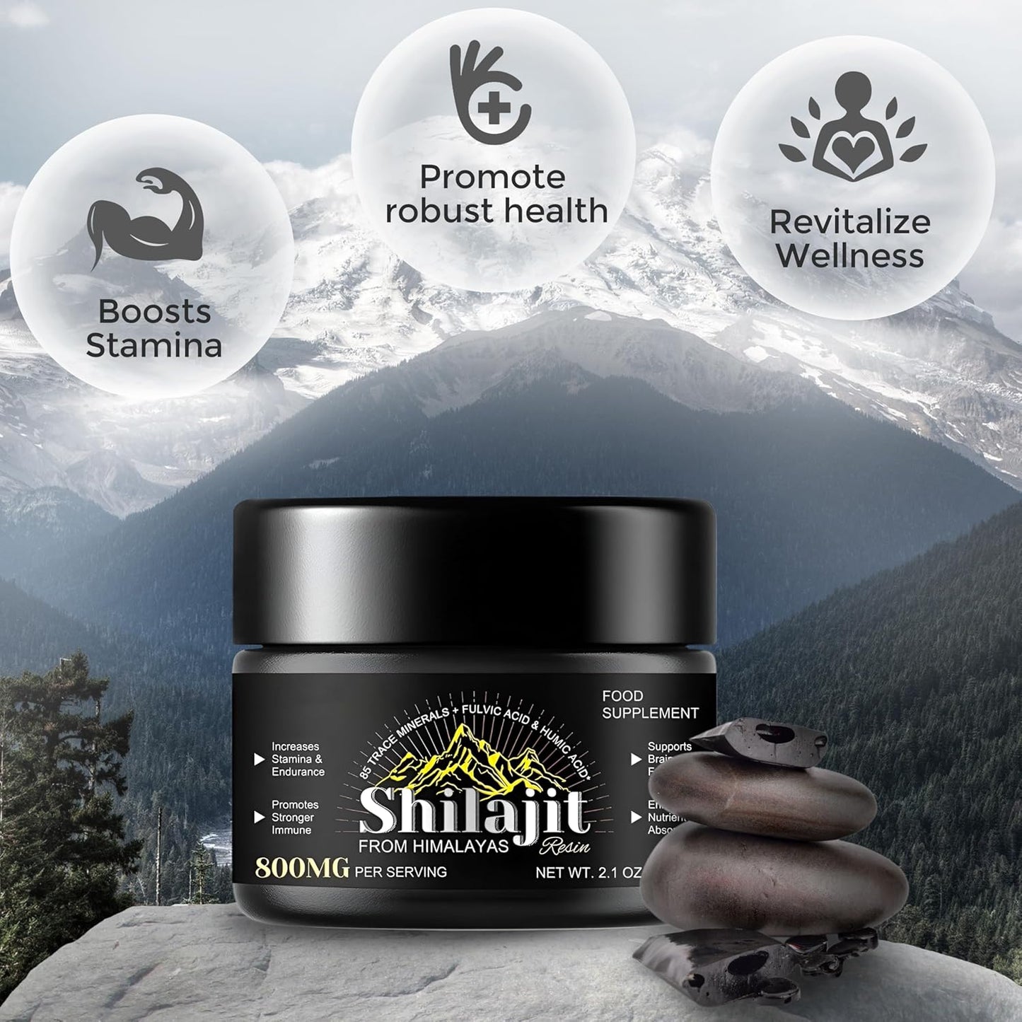 Organic Pure Himalayan Shilajit Resin - 800mg Potency, 60g (1 Pack) || Natural Shilajit for Women & Men || Includes 85+ Trace Minerals, Fulvic Acid & Humic Acid
