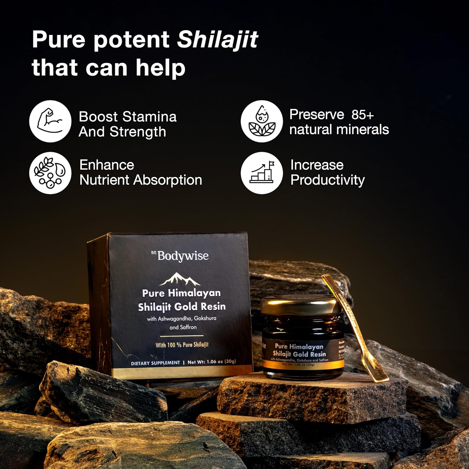 Organic Pure Himalayan Shilajit Resin Gold with Ashwagandha, Gokshura, and Saffron - Lab Tested Fulvic Acid and Trace Minerals - 30 gm - Sugar-Free for Men and Women