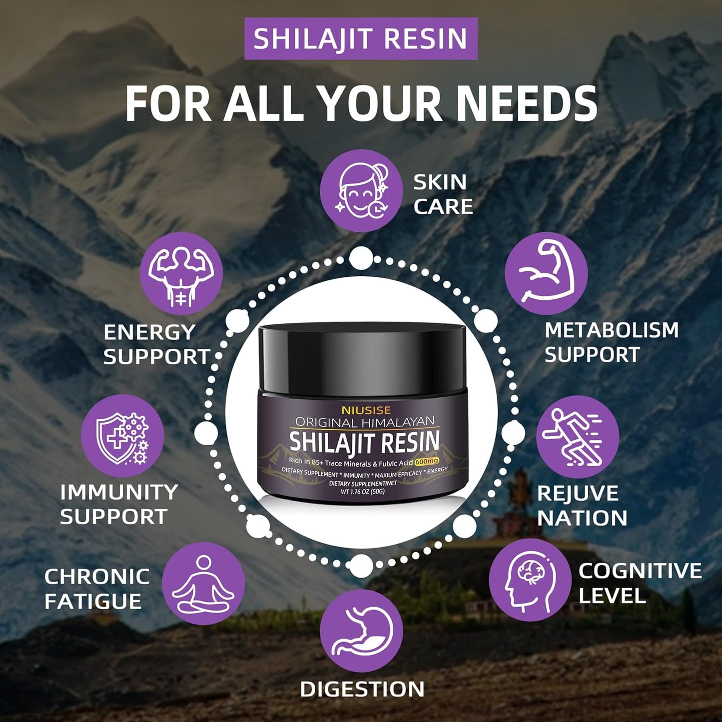 Organic Pure Himalayan Shilajit Supplement - 600mg, 50g Resin, Gold Grade Energy Support - 1 Pack