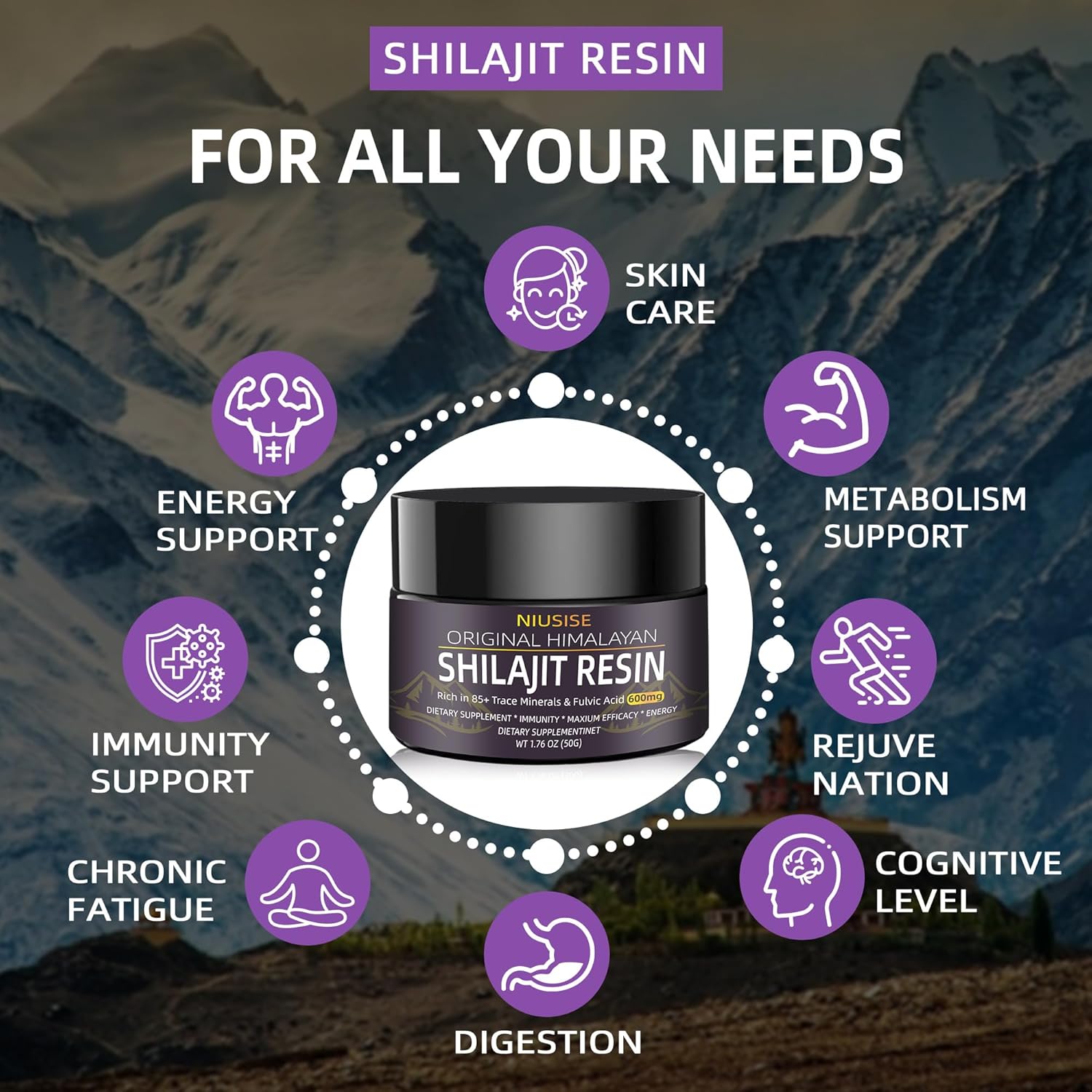 Organic Pure Himalayan Shilajit Supplement - 600mg, 50g Resin, Gold Grade Energy Support - 1 Pack