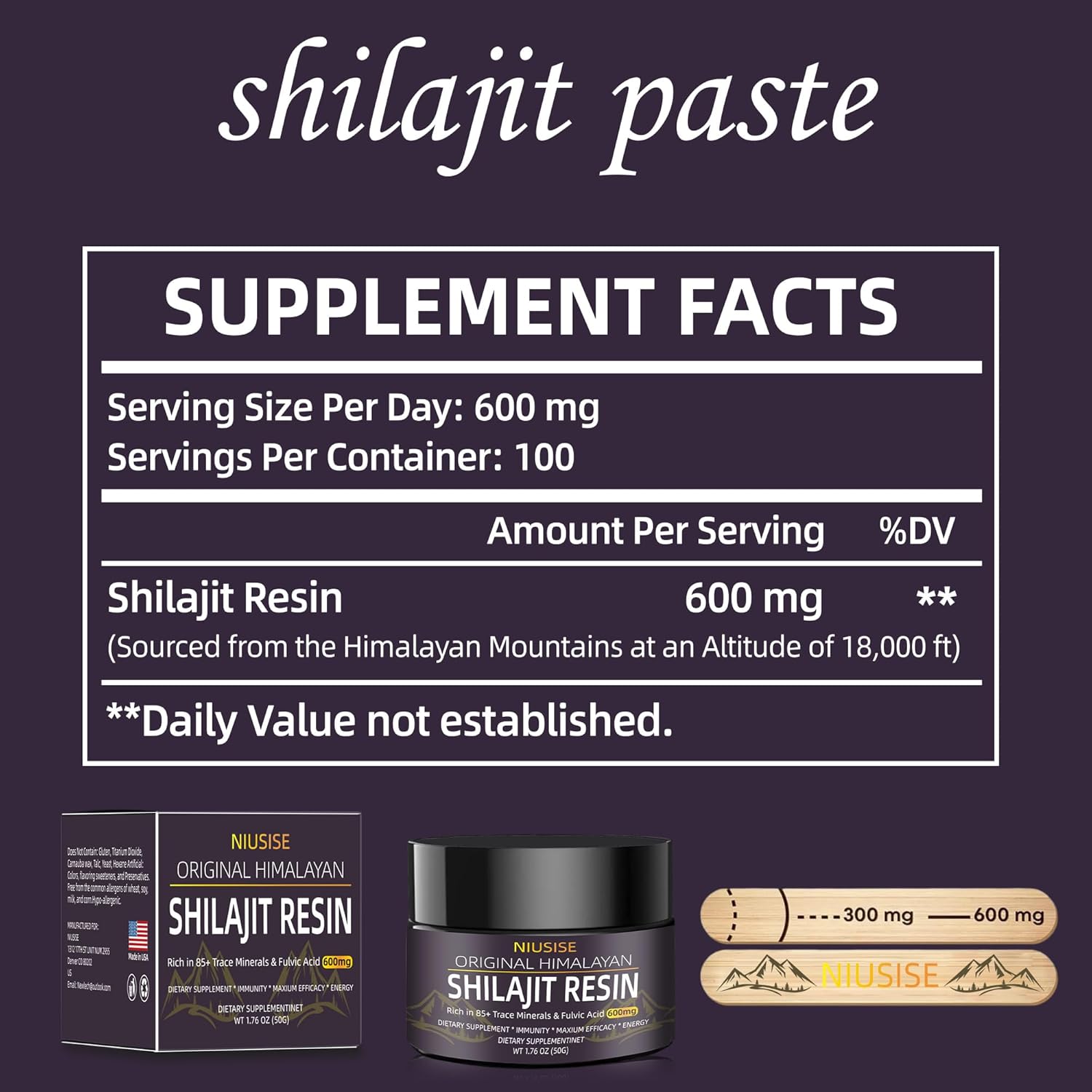 Organic Pure Himalayan Shilajit Supplement - 600mg, 50g Resin, Gold Grade Energy Support - 1 Pack