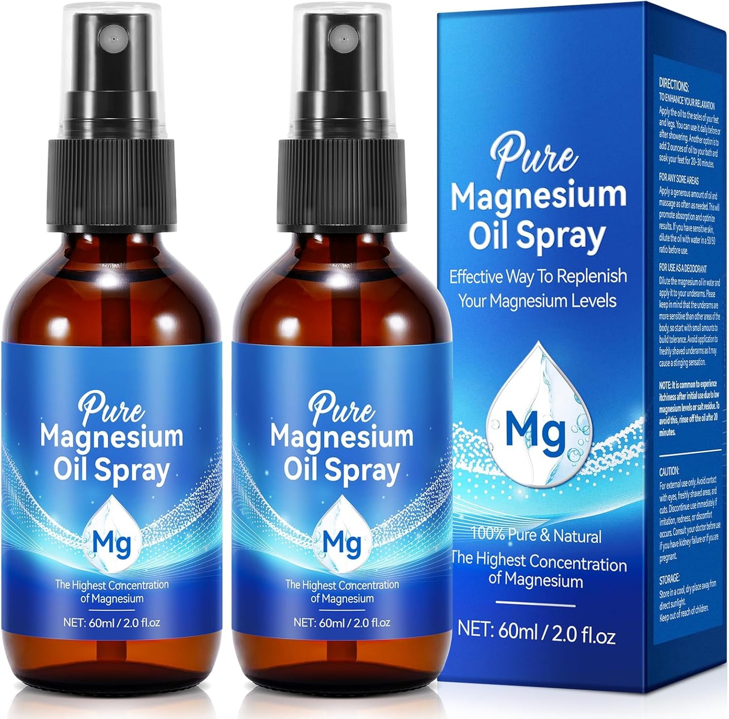 Organic Pure Magnesium Oil Spray 2 Pack for Feet, Topical Magnesium in Glass Bottle - Non-GMO Body Spray, Easy Absorption