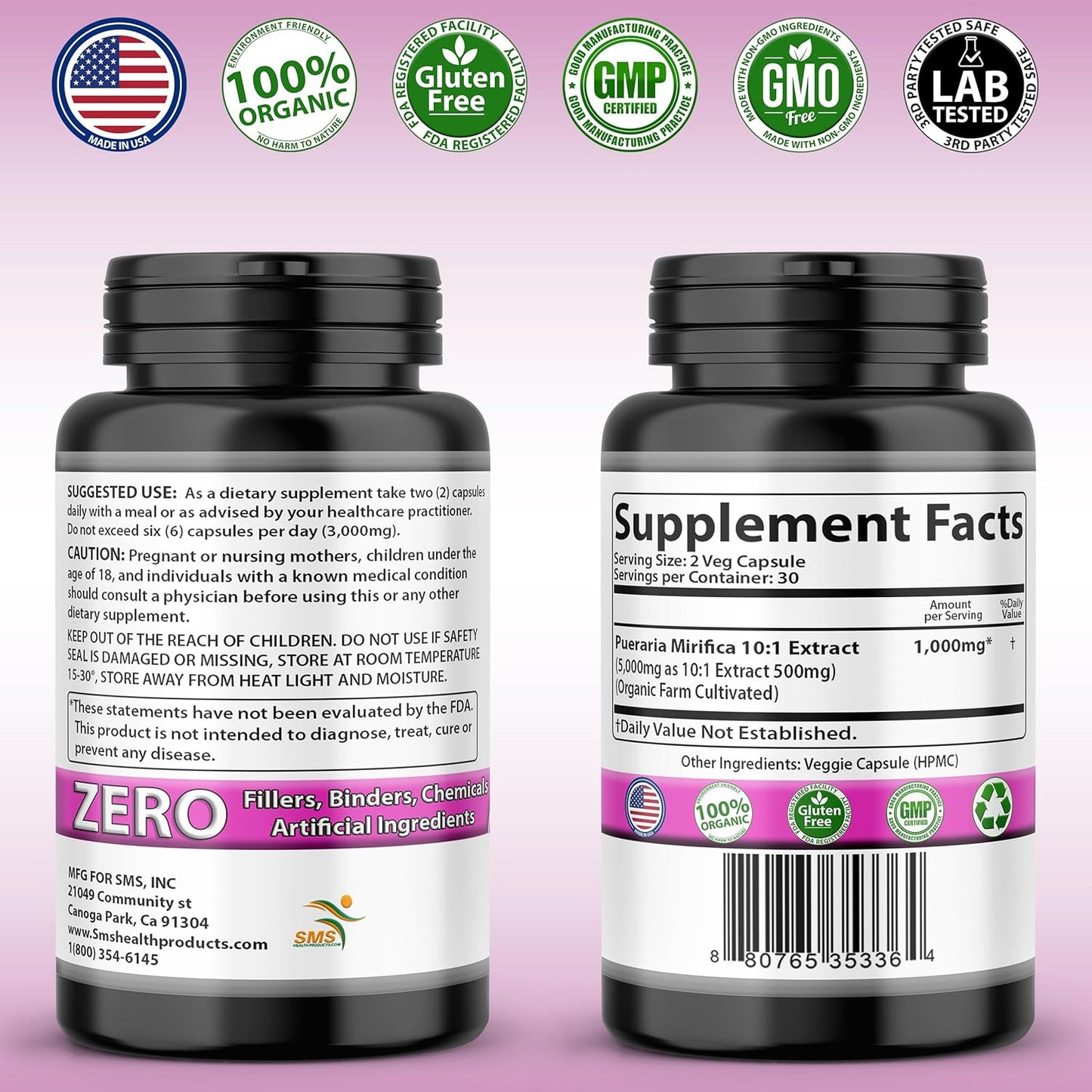 Organic Pure Pueraria Mirifica Supplement 500mg Root Extract Powder Capsules for Women’s Health - Imported from Thailand