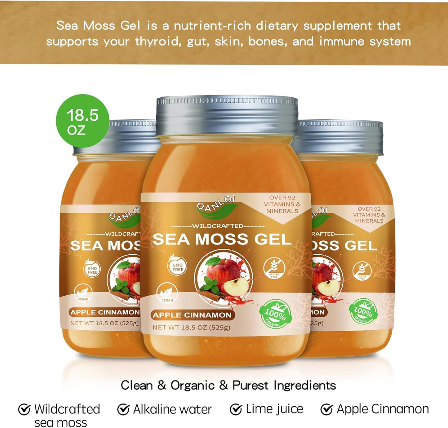 Organic QANLOI Seamoss Gel with Irish Sea Moss - Immune Support Supplement, 18.5OZ Advanced Formula (Apple Cinnamon)