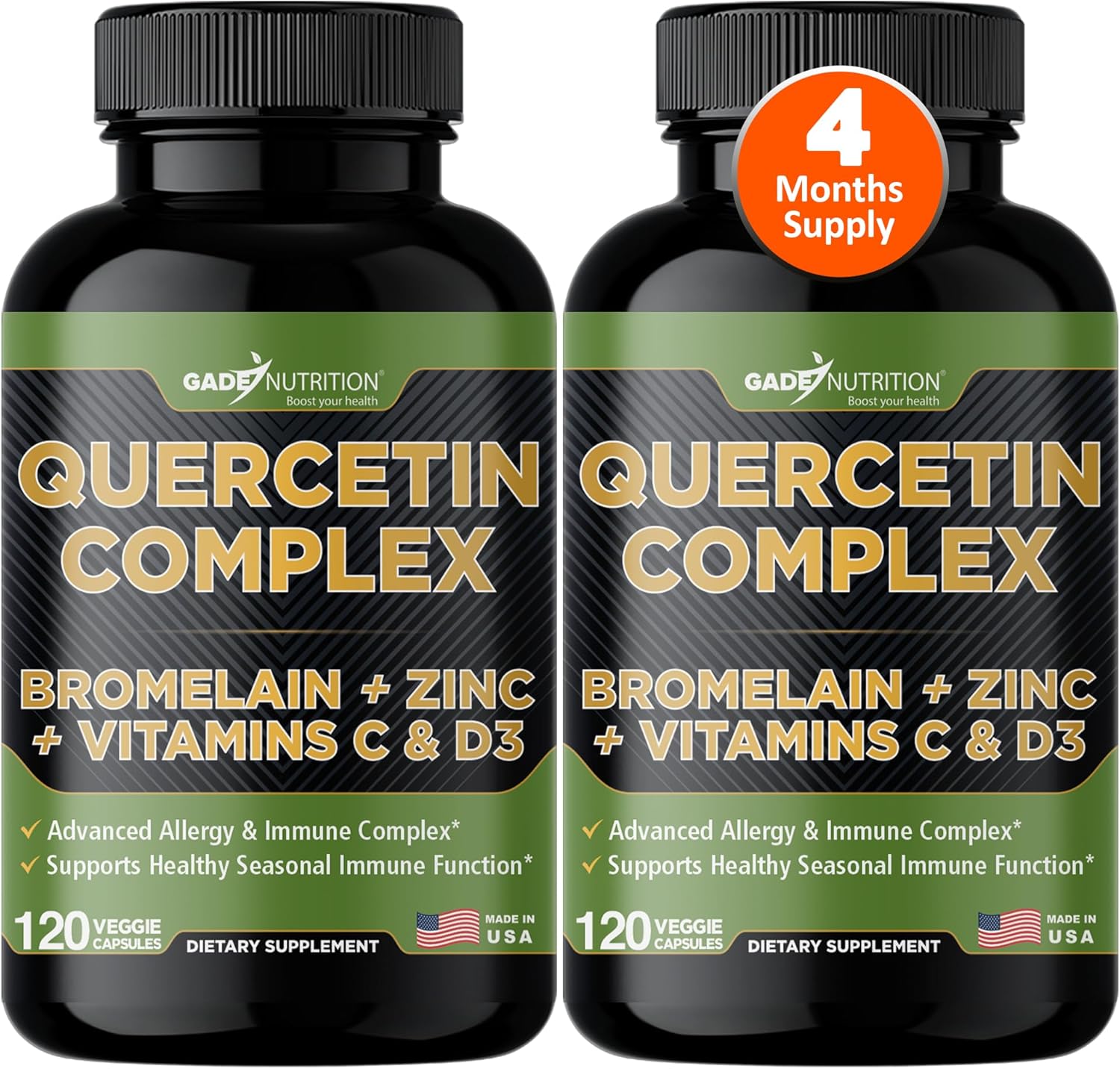 Organic Quercetin with Bromelain, Vitamin C, Zinc | Immune Support Supplement 500mg Capsules | Made in USA, Third Party Tested by Gade Nutrition