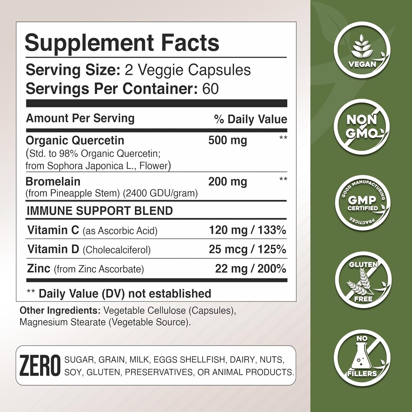 Organic Quercetin with Bromelain, Vitamin C, Zinc | Immune Support Supplement 500mg Capsules | Made in USA, Third Party Tested by Gade Nutrition