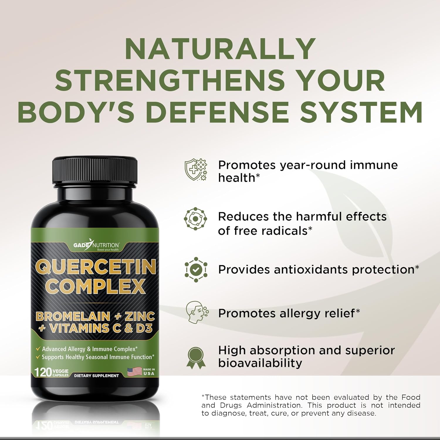 Organic Quercetin with Bromelain, Vitamin C, Zinc | Immune Support Supplement 500mg Capsules | Made in USA, Third Party Tested by Gade Nutrition