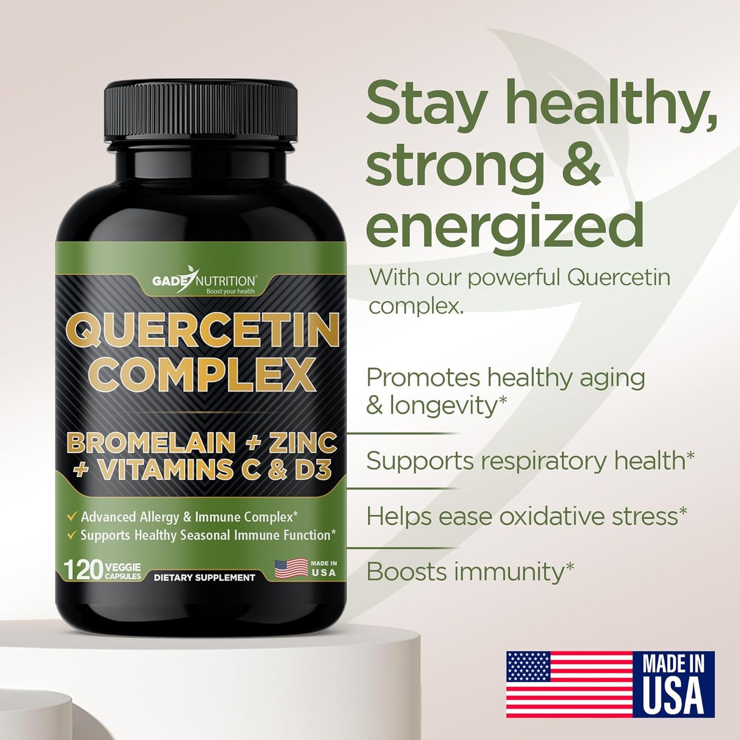 Organic Quercetin with Bromelain, Vitamin C, Zinc | Immune Support Supplement 500mg Capsules | Made in USA, Third Party Tested by Gade Nutrition