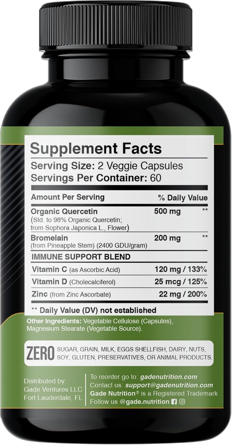Organic Quercetin with Bromelain, Vitamin C, Zinc | Immune Support Supplement 500mg Capsules | Made in USA, Third Party Tested by Gade Nutrition