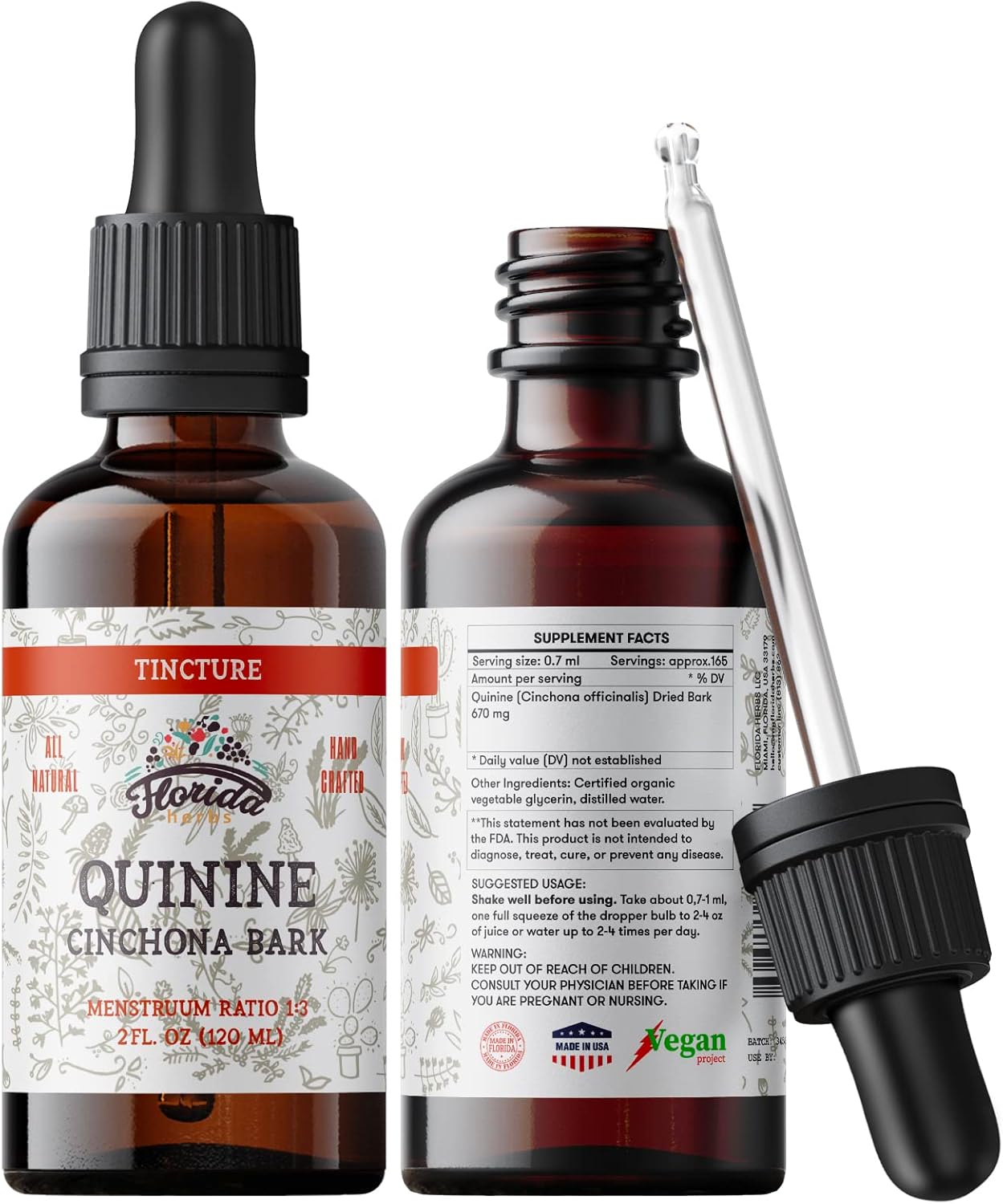 Organic Quinine Tincture Extract - Cinchona officinalis Herbal Supplement - Non GMO, Gluten Free - 670mg (2oz) - Cold-Pressed Vegetable Glycerine