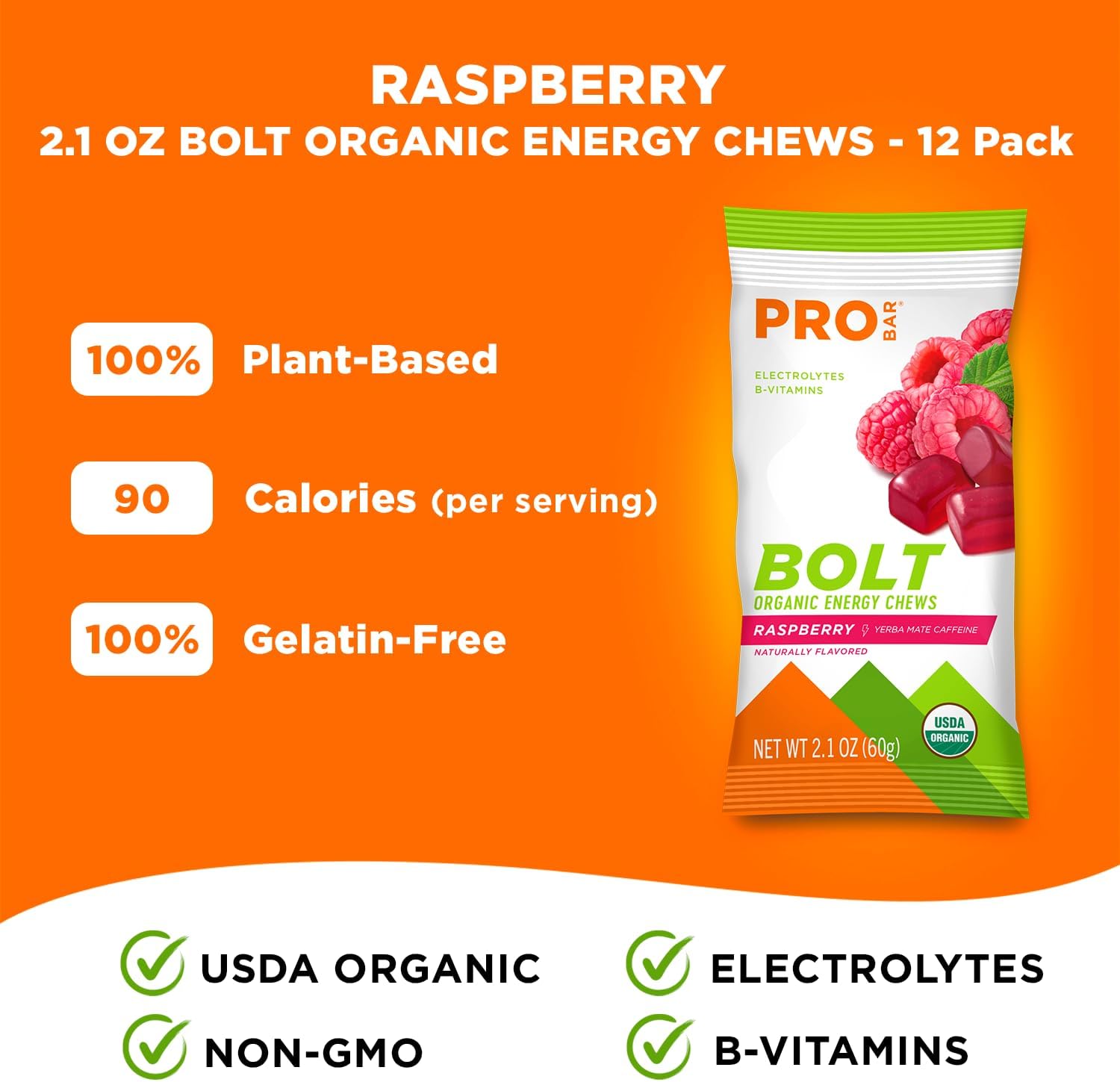Organic Raspberry Energy Chews - PROBAR BOLT, Non-GMO, Gluten-Free, USDA Certified, Healthy Fuel Gummies with Vitamins B & C (12 Count)