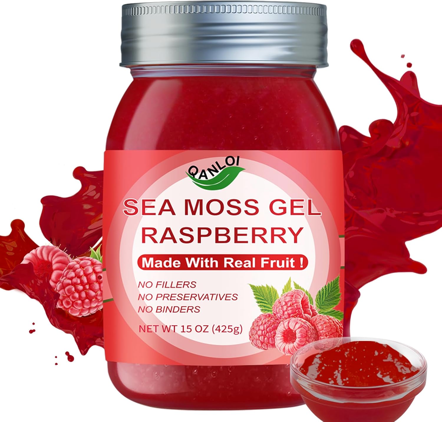 Organic Raspberry Sea Moss Gel 15oz - Rich in Irish Sea Moss - Antioxidant Health Supplement - Vegan-Friendly