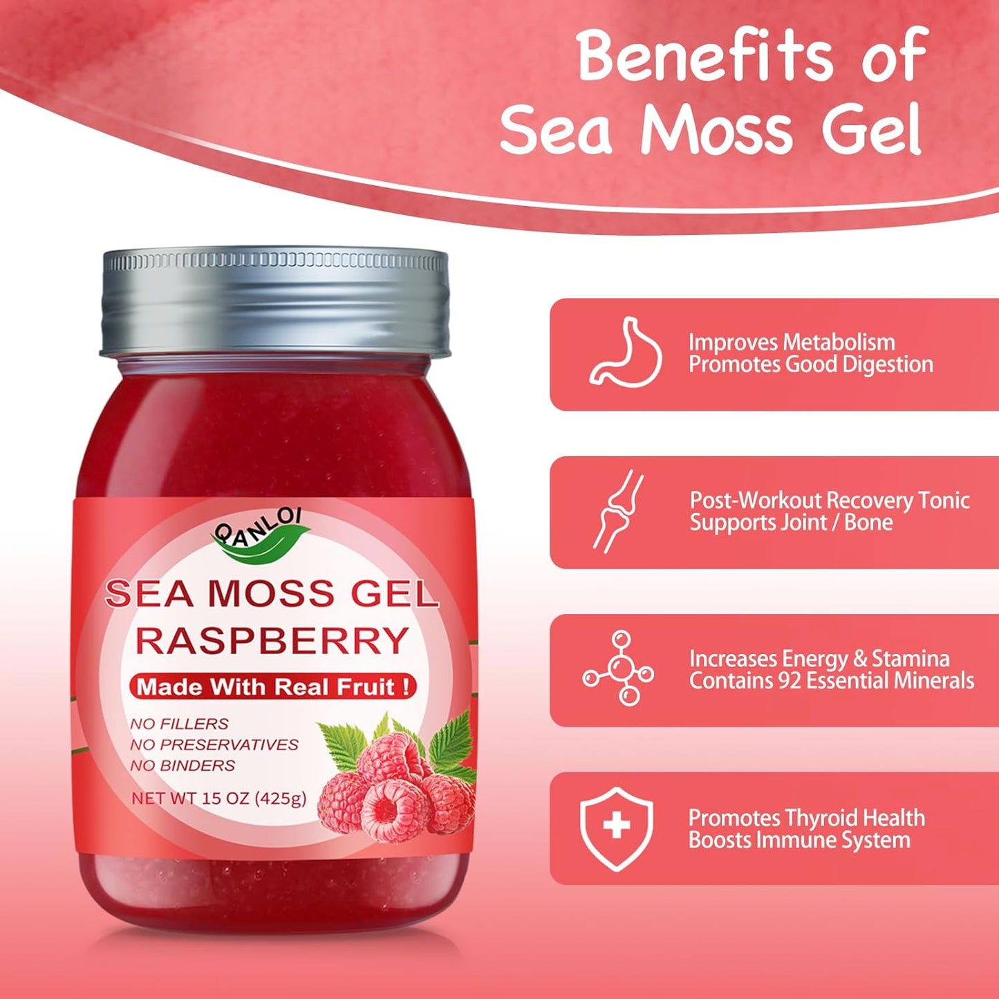 Organic Raspberry Sea Moss Gel 15oz - Rich in Irish Sea Moss - Antioxidant Health Supplement - Vegan-Friendly