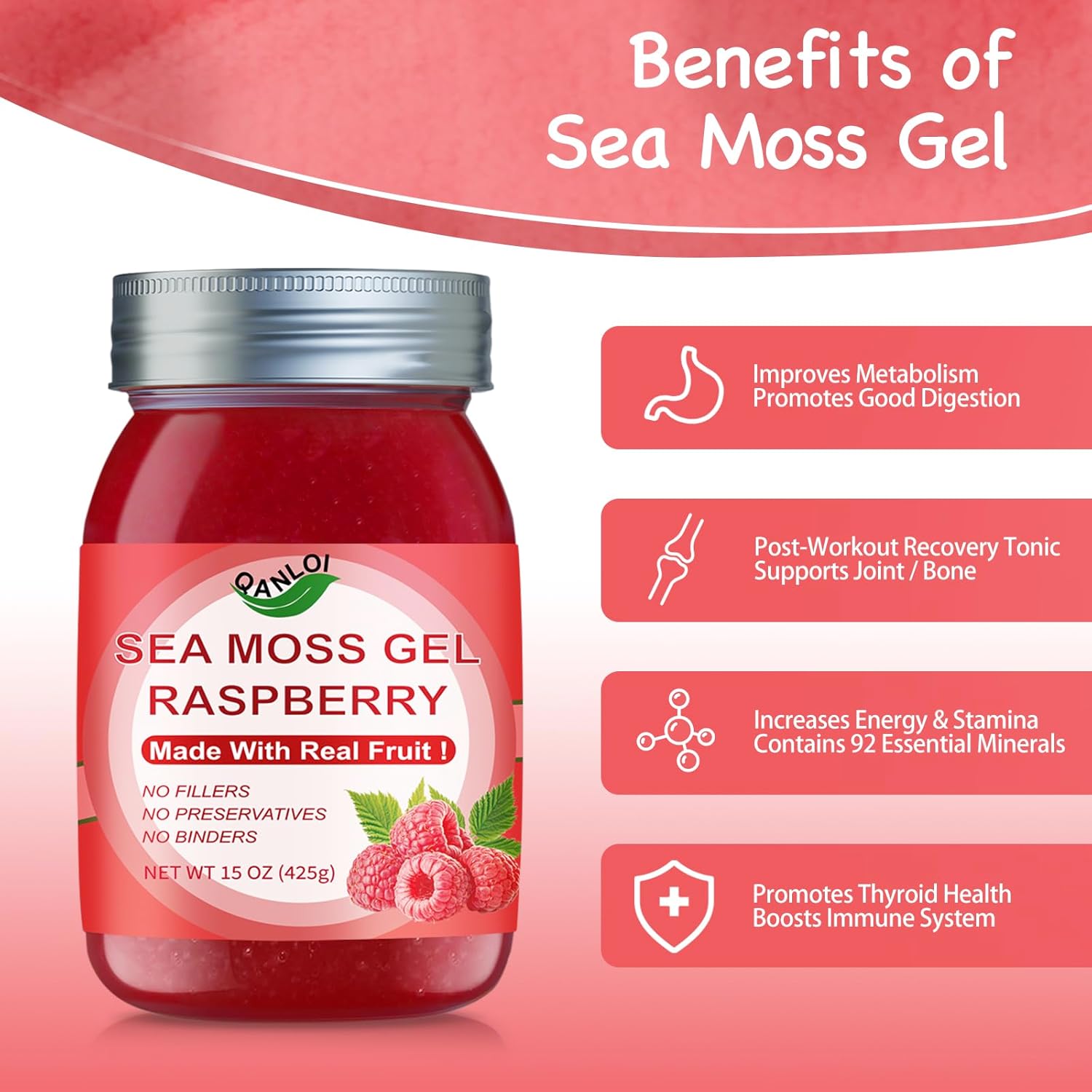 Organic Raspberry Sea Moss Gel 15oz - Rich in Irish Sea Moss - Antioxidant Health Supplement - Vegan-Friendly