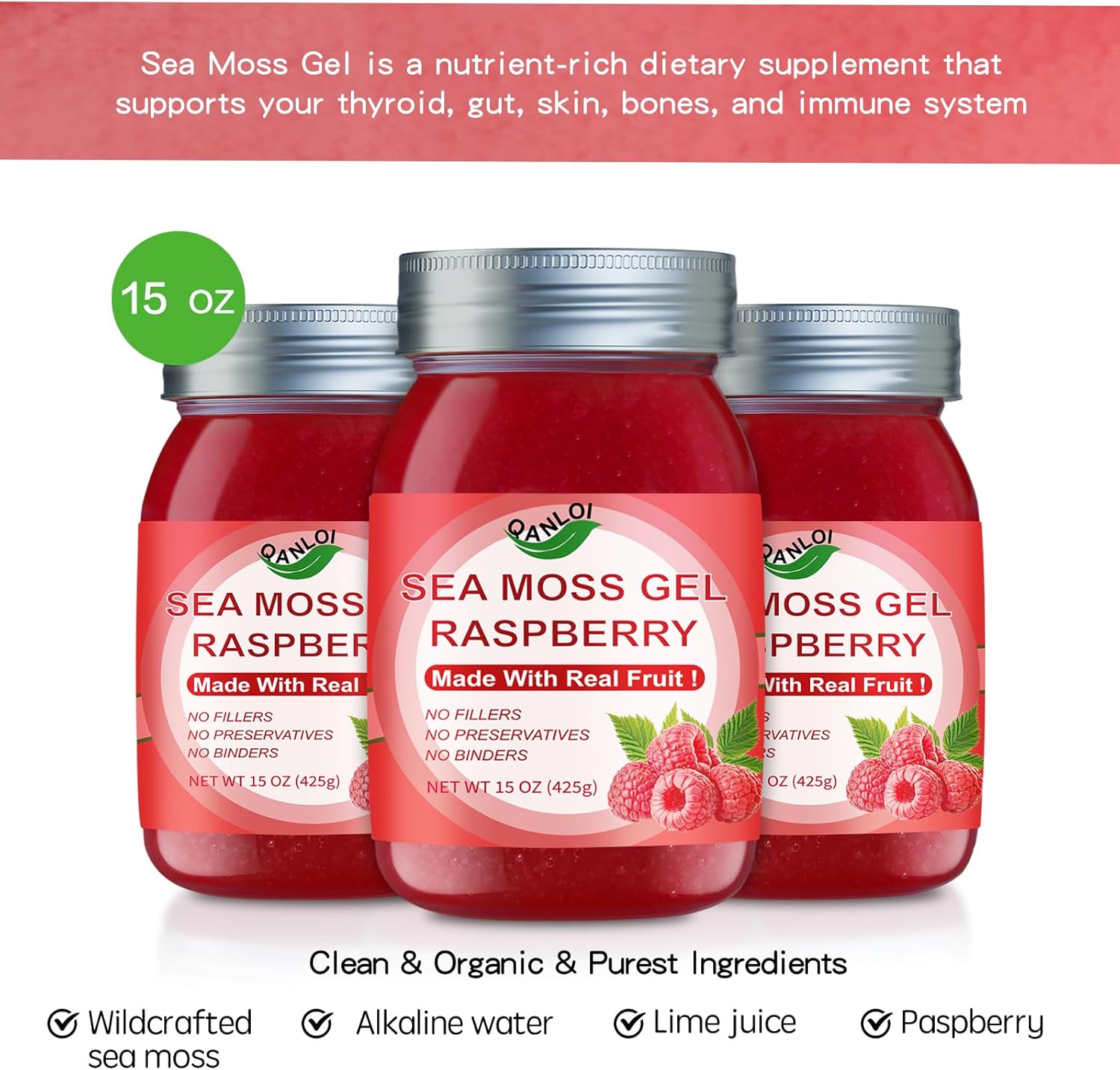 Organic Raspberry Sea Moss Gel 15oz - Rich in Irish Sea Moss - Antioxidant Health Supplement - Vegan-Friendly