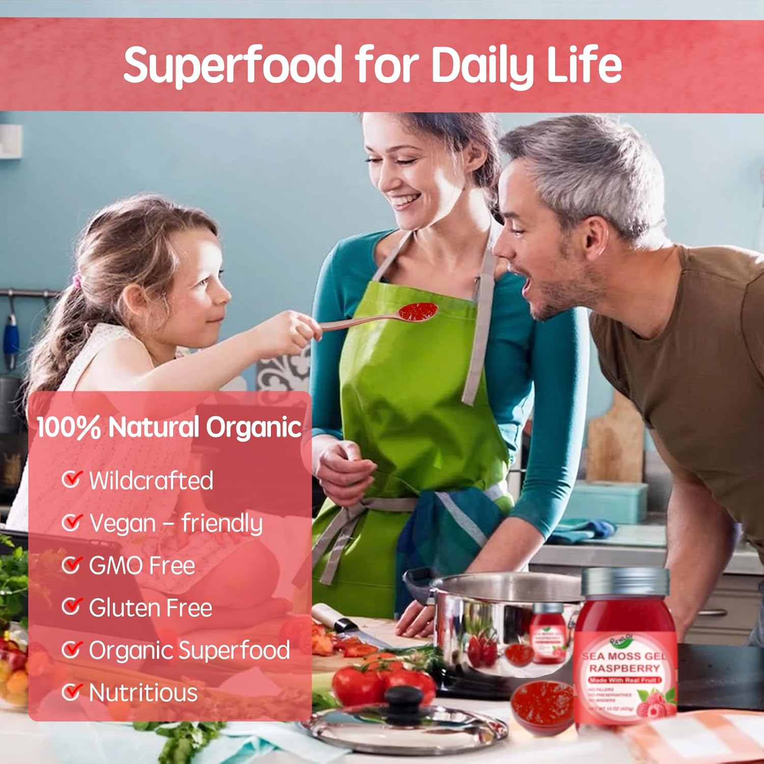 Organic Raspberry Sea Moss Gel 15oz - Rich in Irish Sea Moss - Antioxidant Health Supplement - Vegan-Friendly