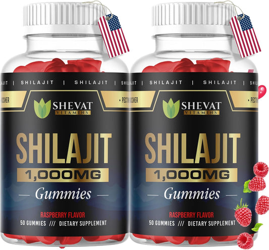 Organic Raspberry Shilajit Gummies 1000mg - Pack of 2 for Men & Women with Trace Minerals and Fulvic Acid - Non GMO Authentic SHEVAT VITAMINS