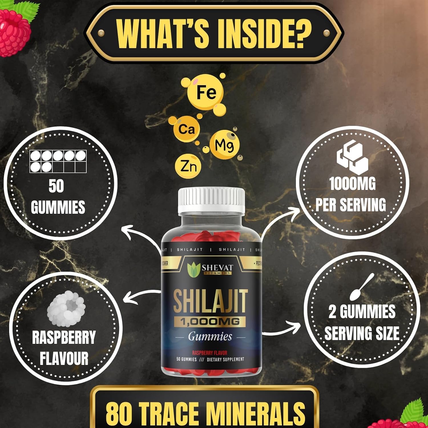 Organic Raspberry Shilajit Gummies 1000mg - Pack of 2 for Men & Women with Trace Minerals and Fulvic Acid - Non GMO Authentic SHEVAT VITAMINS