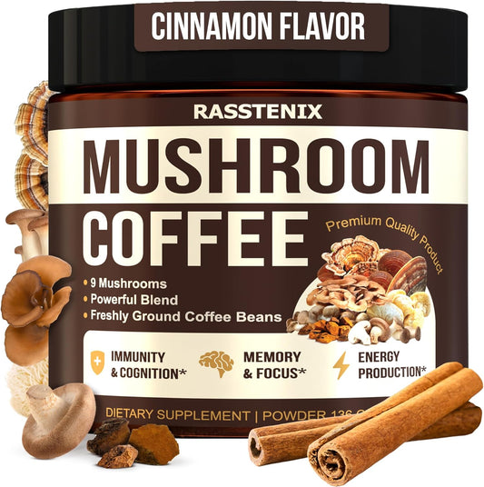 Organic Rasstenix Mushroom Coffee: 10 Mushroom Adaptogen Mix for Gut Health, Energy, Mental Clarity - Lion's Mane, Chaga, Turkey Tail, Reishi, Shiitake - 40 Servings