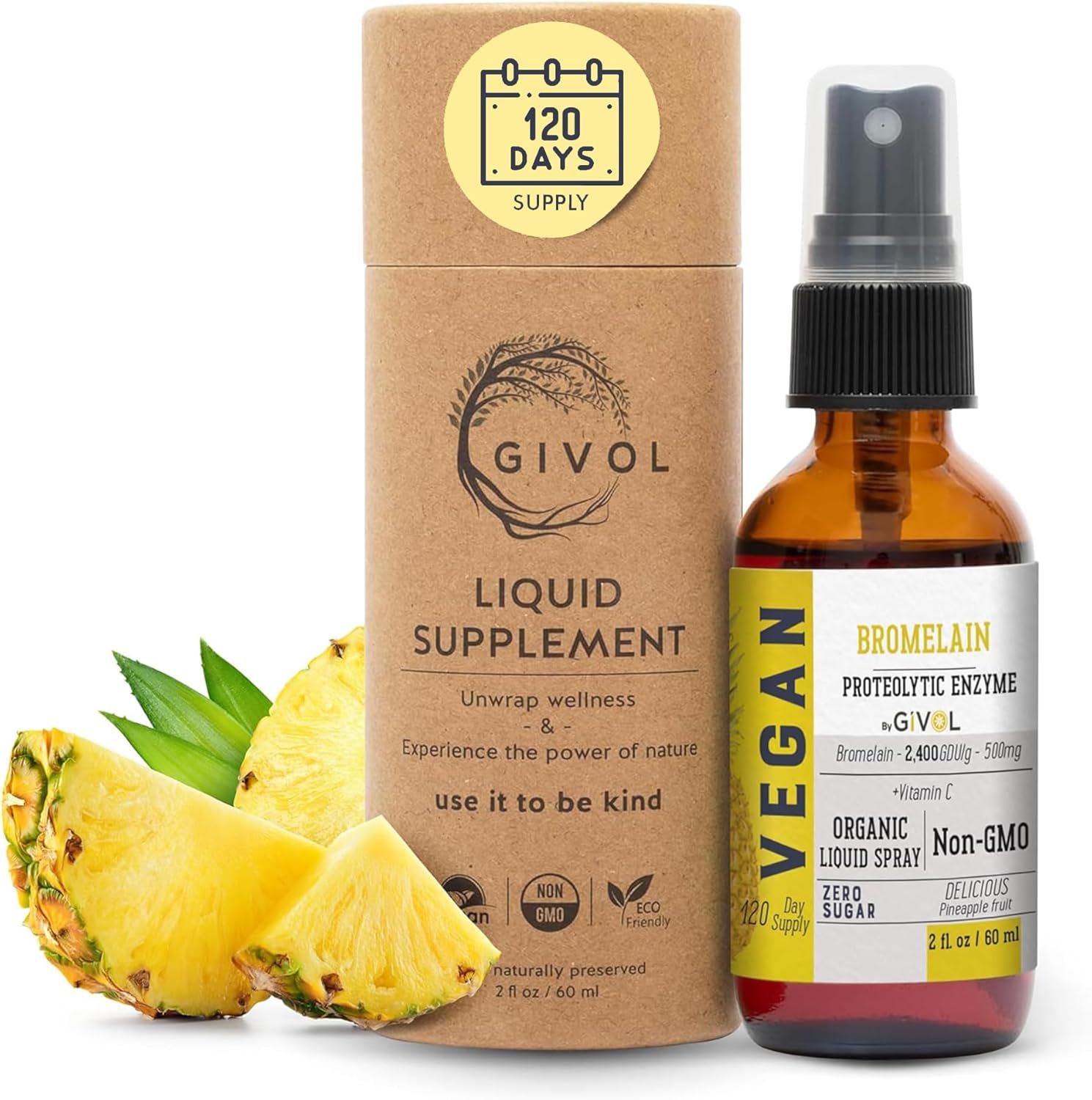 Organic Raw Bromelain Mist Liquid Pineapple Extract 500mg - Digestive Health, Inflammation, Healing - Non-GMO - 60ml 120 Day Supply