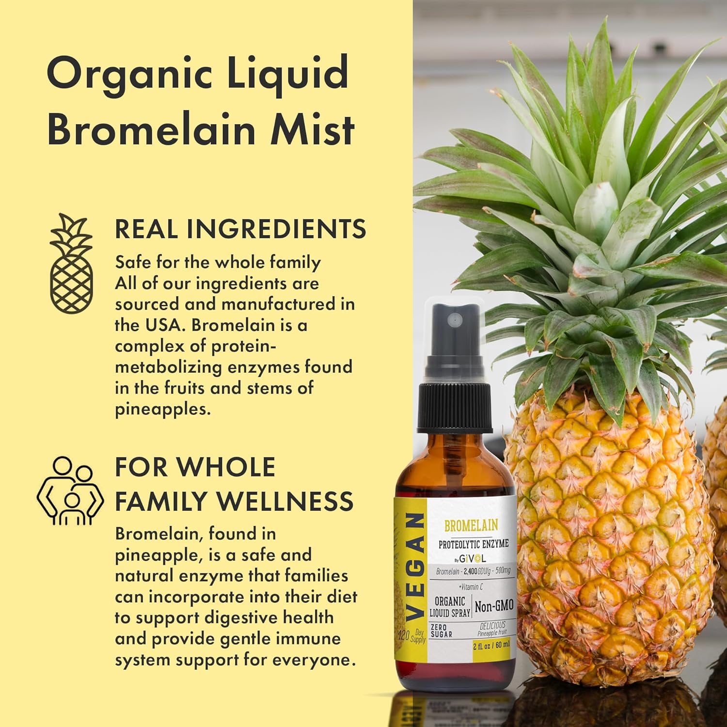 Organic Raw Bromelain Mist Liquid Pineapple Extract 500mg - Digestive Health, Inflammation, Healing - Non-GMO - 60ml 120 Day Supply