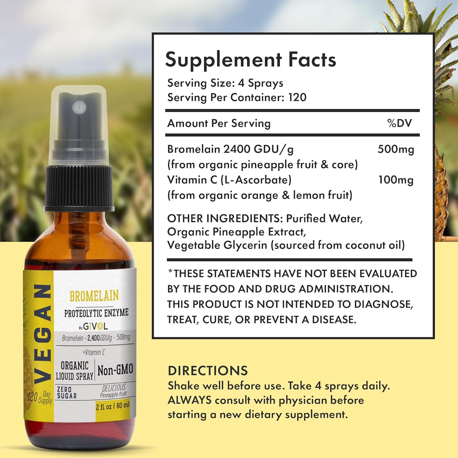 Organic Raw Bromelain Mist Liquid Pineapple Extract 500mg - Digestive Health, Inflammation, Healing - Non-GMO - 60ml 120 Day Supply