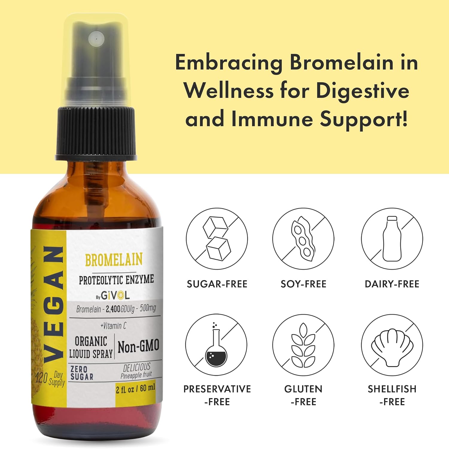 Organic Raw Bromelain Mist Liquid Pineapple Extract 500mg - Digestive Health, Inflammation, Healing - Non-GMO - 60ml 120 Day Supply