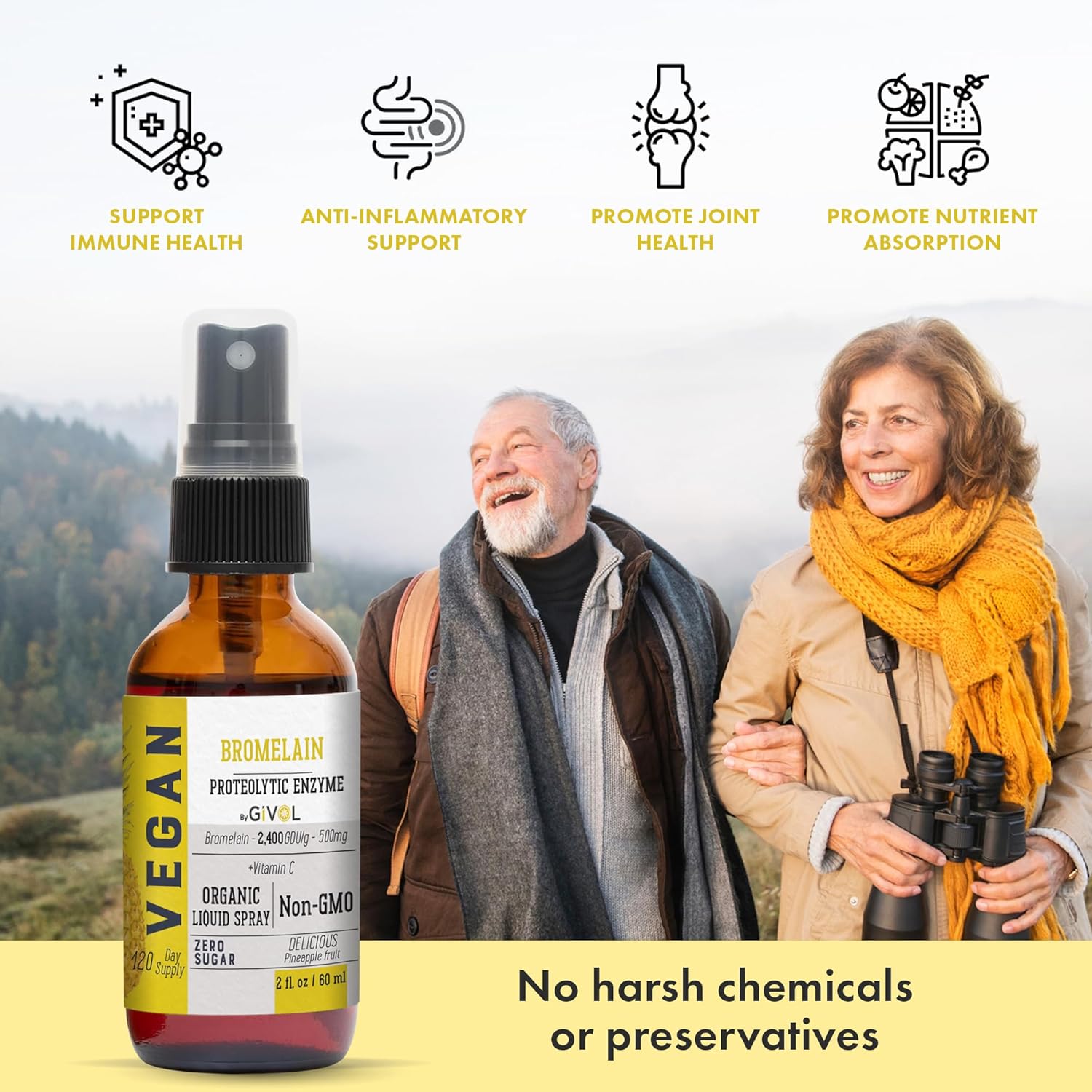 Organic Raw Bromelain Mist Liquid Pineapple Extract 500mg - Digestive Health, Inflammation, Healing - Non-GMO - 60ml 120 Day Supply