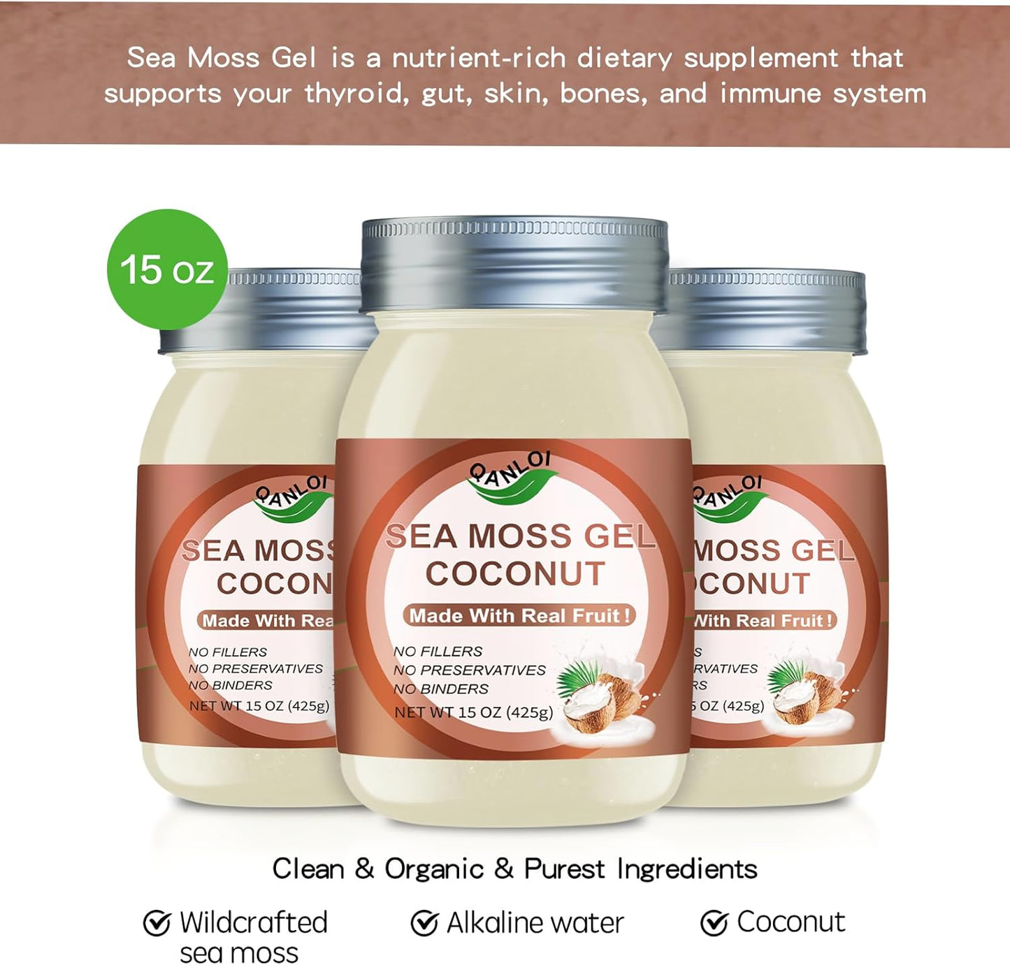 Organic Raw Irish Sea Moss Gel 15oz with Coconut - QANLOI Sea Moss Gel