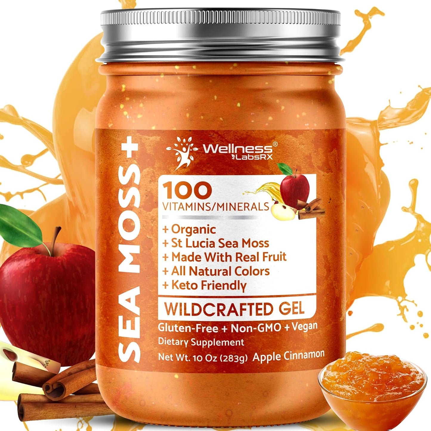 Organic Raw Irish Sea Moss Gel with Apple Cinnamon Flavor - Vitamin and Mineral-Rich Superfood for Immune & Digestive Health - 10 oz